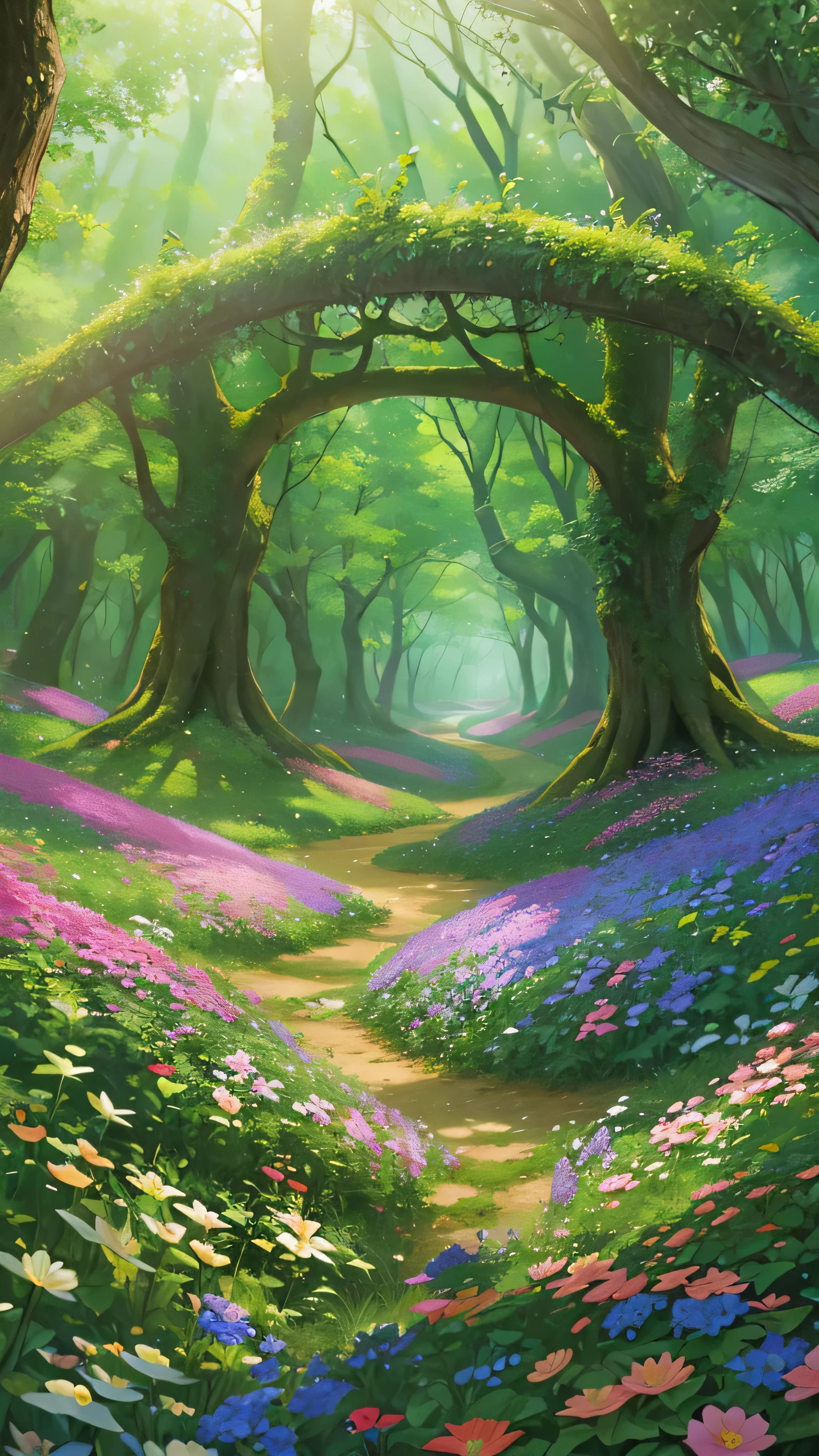 highdefinition images , Deep Forest Picture 、Seven colored flowers and trees 々、 A mysterious forest with magical beings hidden in branches , 8k, High quality seven colored flowers , a forest believed to be inhabited by fairies , The soft morning sun shines through the trees。