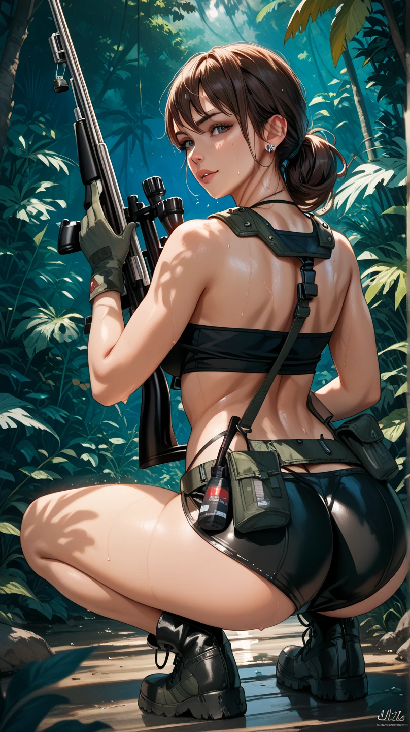 araffe in a bikini and a gas mask posing for a picture, quiet from metal gear solid, thicc, quiet from metal gear solid v, close up half body shot, bikini + tattered military gear, as overwatch character, thicc build, tifa lockhart, half body shot, ready for combat, tifa, deayami kojima