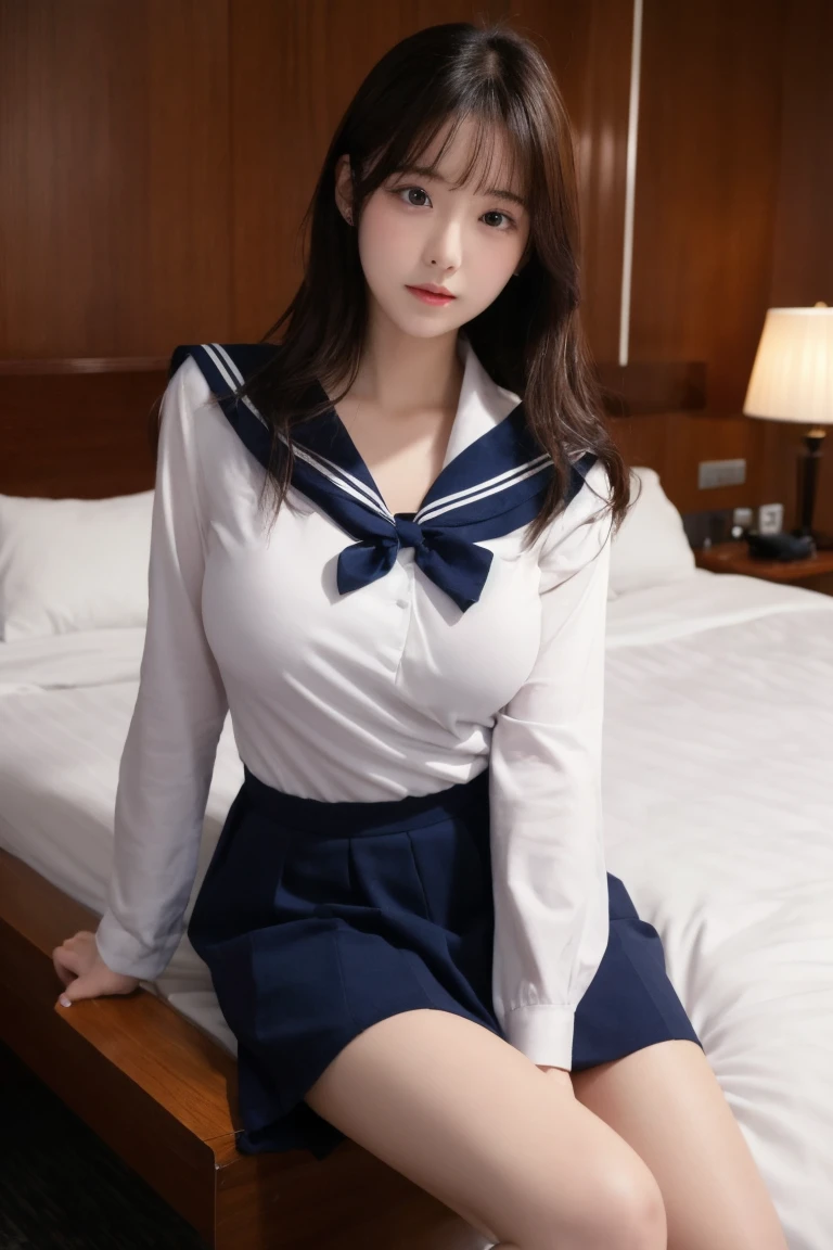 top-quality、​masterpiece、(1 girl),((lie on your back on the bed:1.4))), (on the bed) 、18 years old、realisticlying、Voluptuous body、large full breasts,Open legs、Has BROWN hair,((top-quality、8K、​masterpiece:1.3))、(NSFW:1.5),photorealistic, Superwoman、masterpiece,(school uniform,sailor suit,skirt),nude,((make eye contact with the audience)),penis in pussy,full body