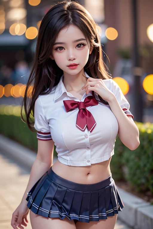 top-quality, ​masterpiece, (Professional lighting without shadows), A hyper-realistic, Bewitching, perfect anatomia, Two girls, (Proudly stand in front of the camera、Girl showing off ribbon tie, Another girl on the other side、Bend over and stick your butt out towards the camera), ( Huge breasts:1.2), Bright and even whitening skin without wrinkles and steps, (Bright beautiful blue eyes with long eyelashes and red tear bags reflected light:1.3)、 Braided half-up hair with bangs, (Her outfit dresses up a cramped schoolgirl uniform that fits the body very short with ultra mini pleated skirt length:1.3), (Proudly showing off a crimson ribbon tie from the front), (Another girl on the other side、To beautifully emphasize the proud ultra mini pleated skirt、Showing off a pose with the buttocks exposed from directly behind:1.2), (Beautiful face squinting in dazzling light), (ssmile), ishiharasatomi
