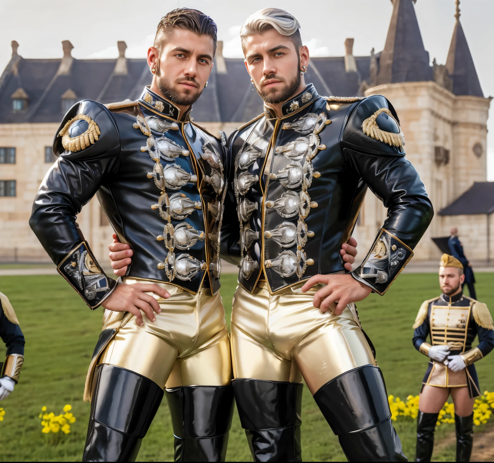 Roman Todd, masculine guy, beard, diamond earrings, shiny leather uniforms, gloves, highly detailed, photorealistic, 8K, HDR,
