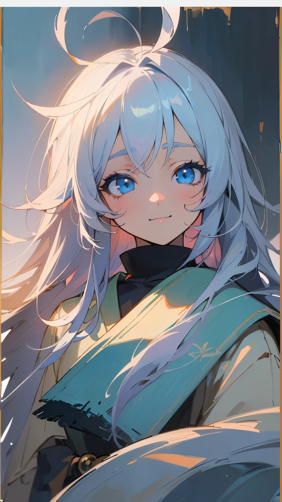 (( Masterpiece))、(( top quality))、( super detailed)、( pro pics)、(Anime-style paintings:1.3)、 girl、 standing、poncho、 silver hair、 long hair、 light blue eyes、 beautiful eyes、Droopy eyes、smile、 upper body close-up 