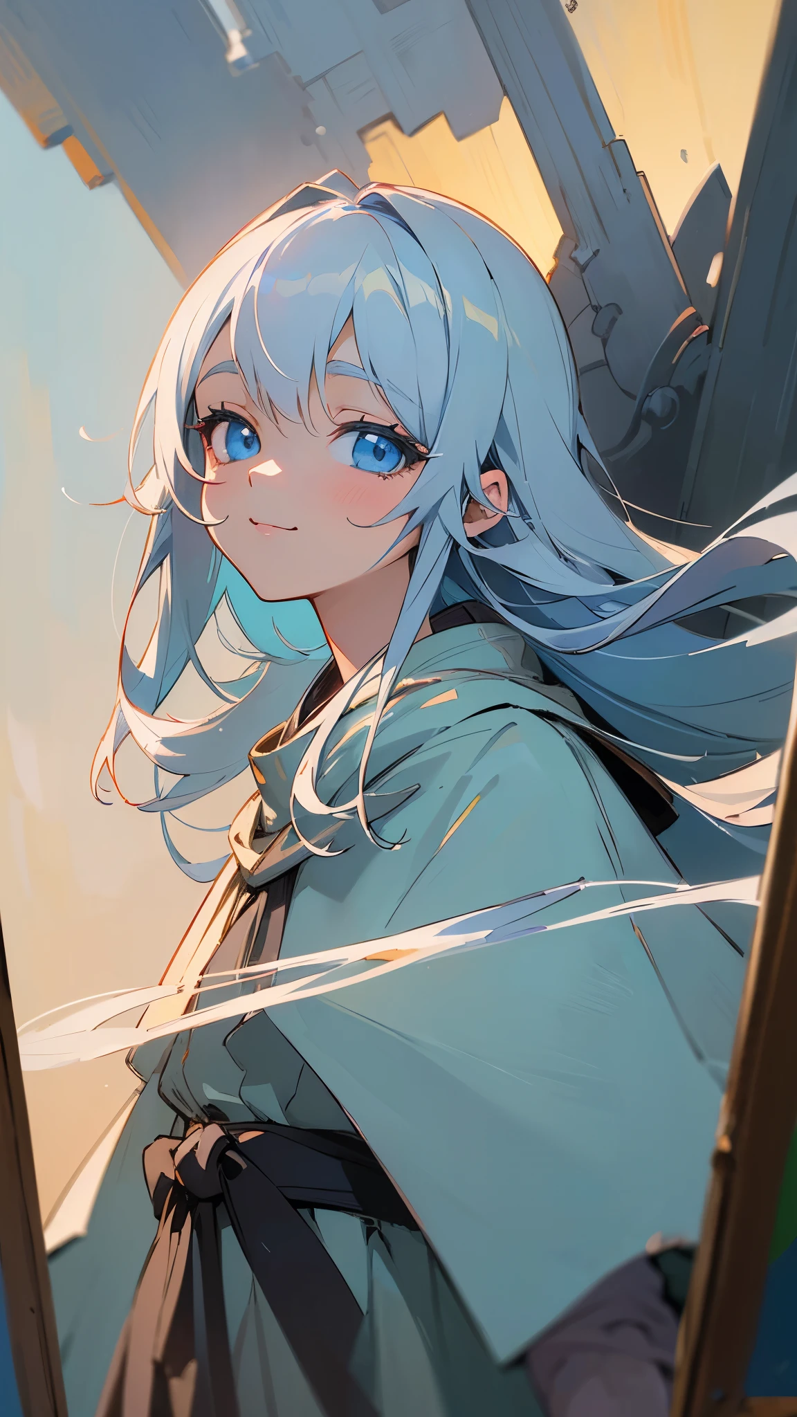 (( Masterpiece))、(( top quality))、( super detailed)、( pro pics)、(Anime-style paintings:1.3)、 girl、 standing、poncho、 silver hair、 long hair、 light blue eyes、 beautiful eyes、Droopy eyes、smile、 upper body close-up