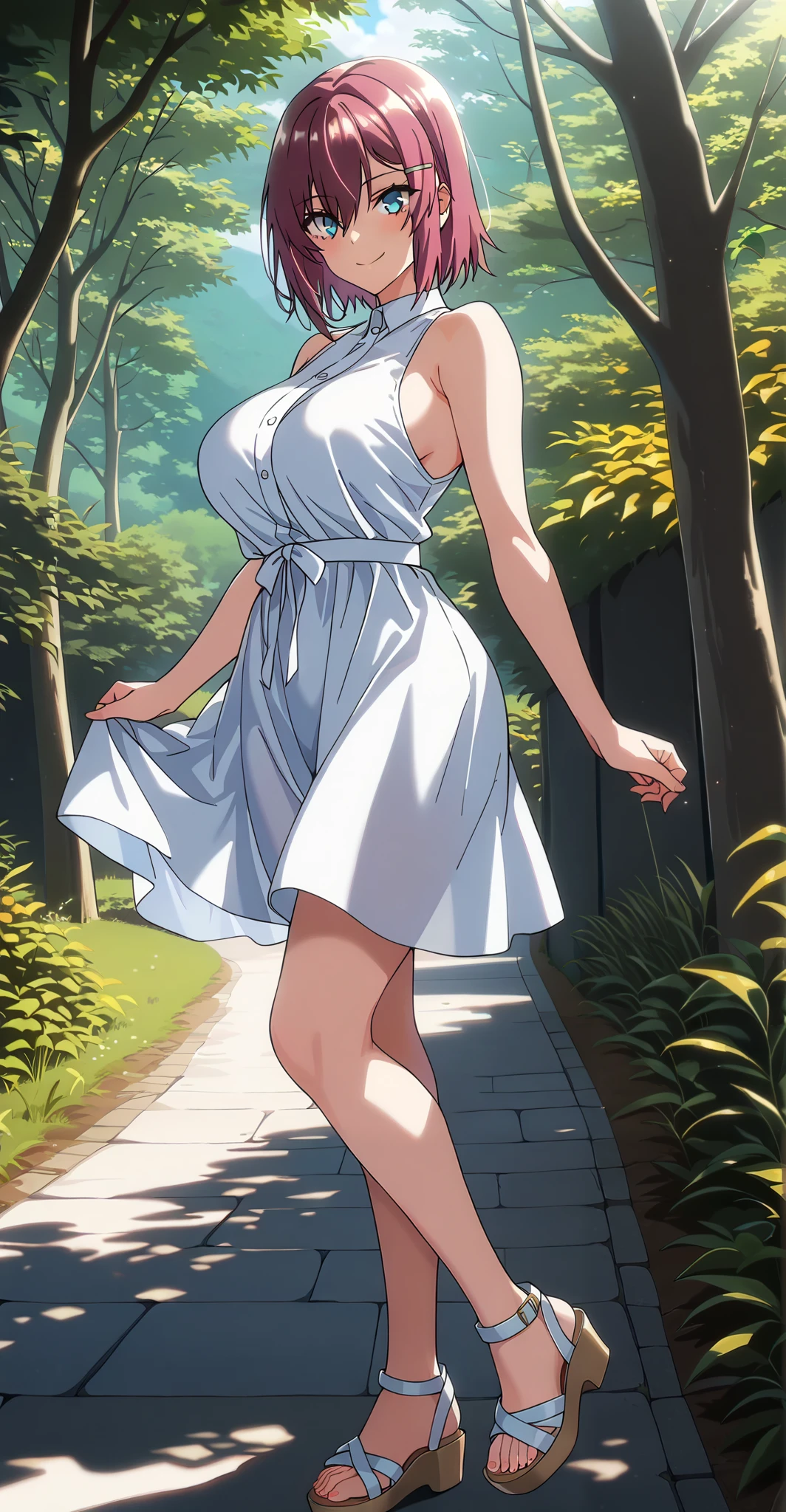 masterpiece, best quality, amazing quality, very aesthetic, absurdres, newest, scenery,highly detailed,high-resolution, {{Increase saturation:1.2、Highly colored}} looking at viewer,smile, solo, AkaneNanao,1girl,red hair,short hair,hairclip,blue eyes, Medium breasts,
pastTif, aqua sundress, sleeveless, sandals