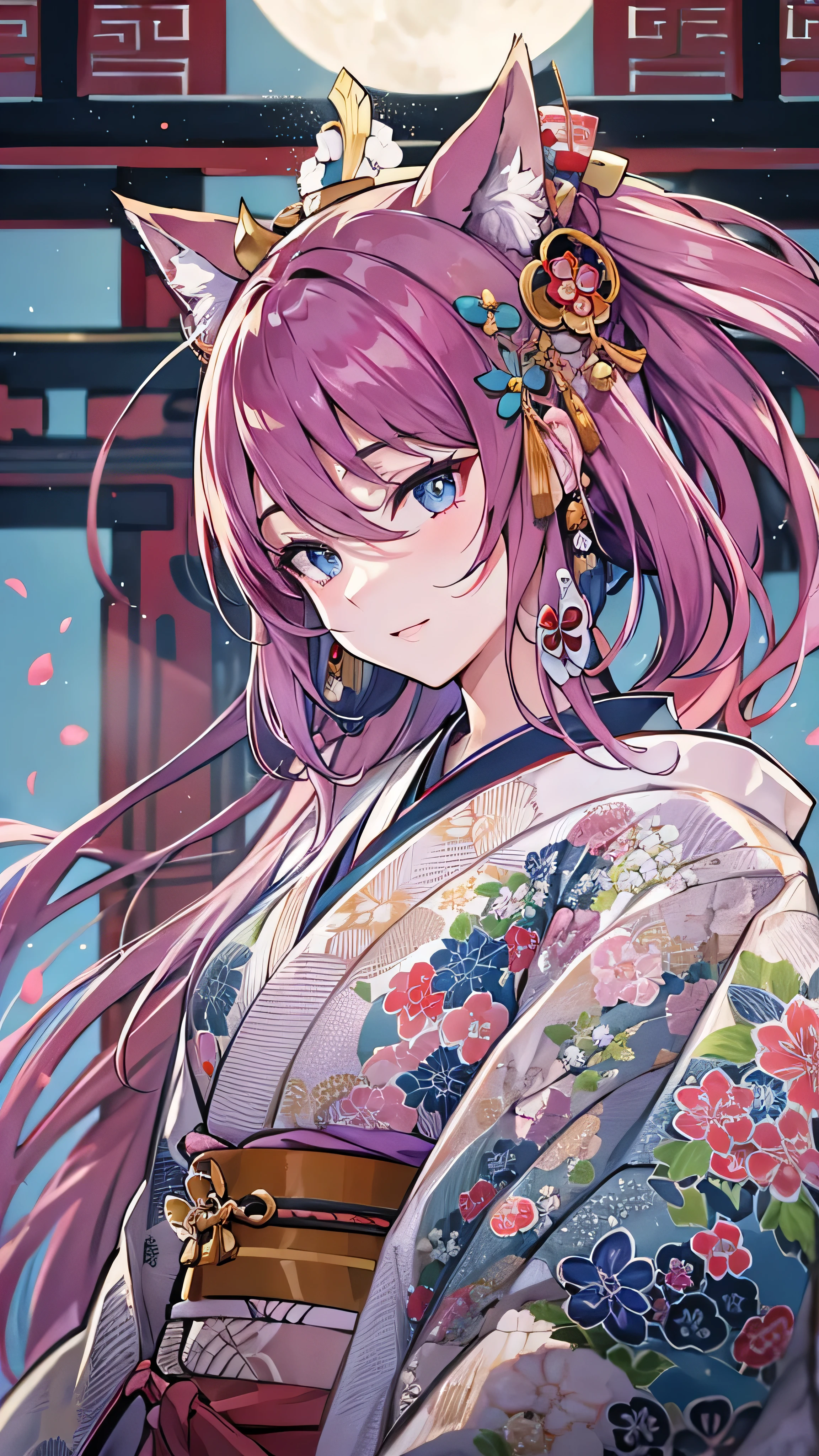 Anime girl with pink hair and a cat ears in a kimono - SeaArt AI