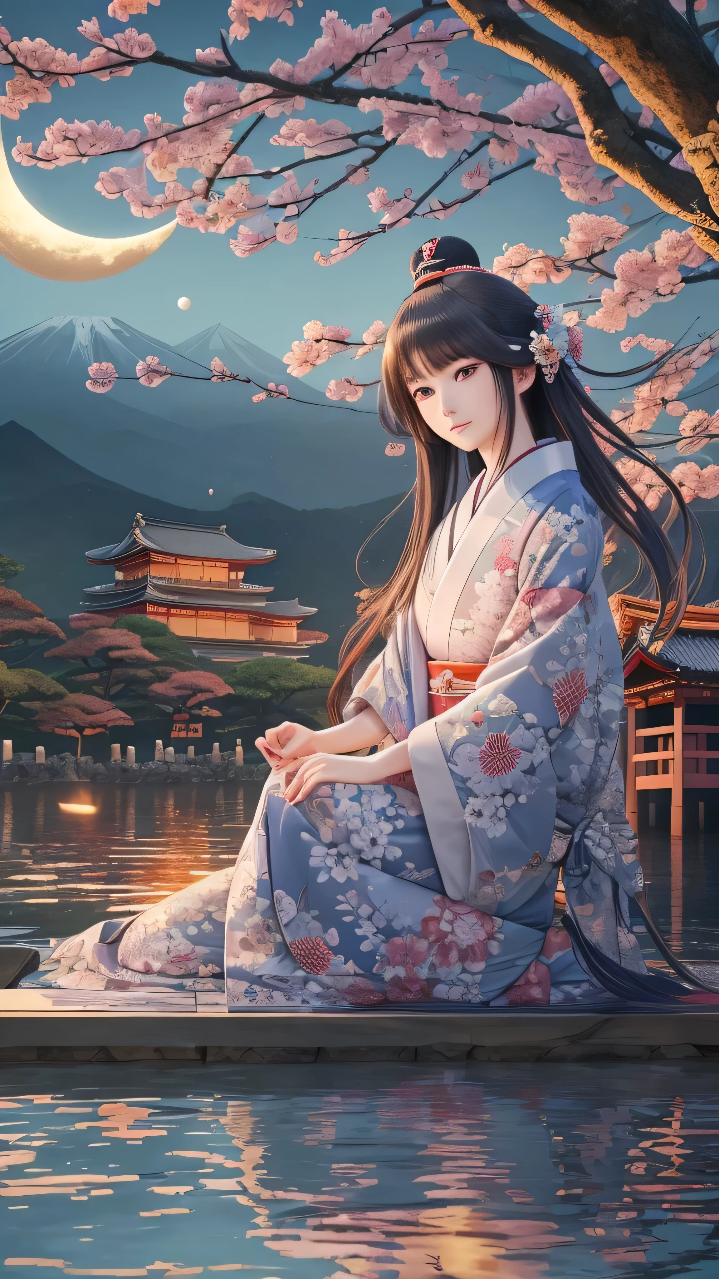 In high quality, Hokusai manga 、 one woman, Ukiyo-e woman , Long straight hair, beautiful shiny hair , Long Sleeve, Detailed eyes and face , Eye Enhancement, Never resting , Rich lighting, High definition unified CG 8K wallpaper , intricate details, portrait , Star一人で, Full Body High Quality Image , delicate face , soft smile , dynamic pose, classical period , ( Ancient Japan theme : 1.1), Japanese Mythology, Japanese, ruler, blue kimono Japanese , Navy Blue Floral Kimono, ancient theme , (Thriving Civilization: 1.1), Moon in the background, ( pure white : 1.1) shrine, tori gates , Japanese Scenery, Ancient city in the background , wondrous, dreamy , Dancing Light , lantern, Star, portrait , Cinematic lighting、 Reflecting the Pond 。
