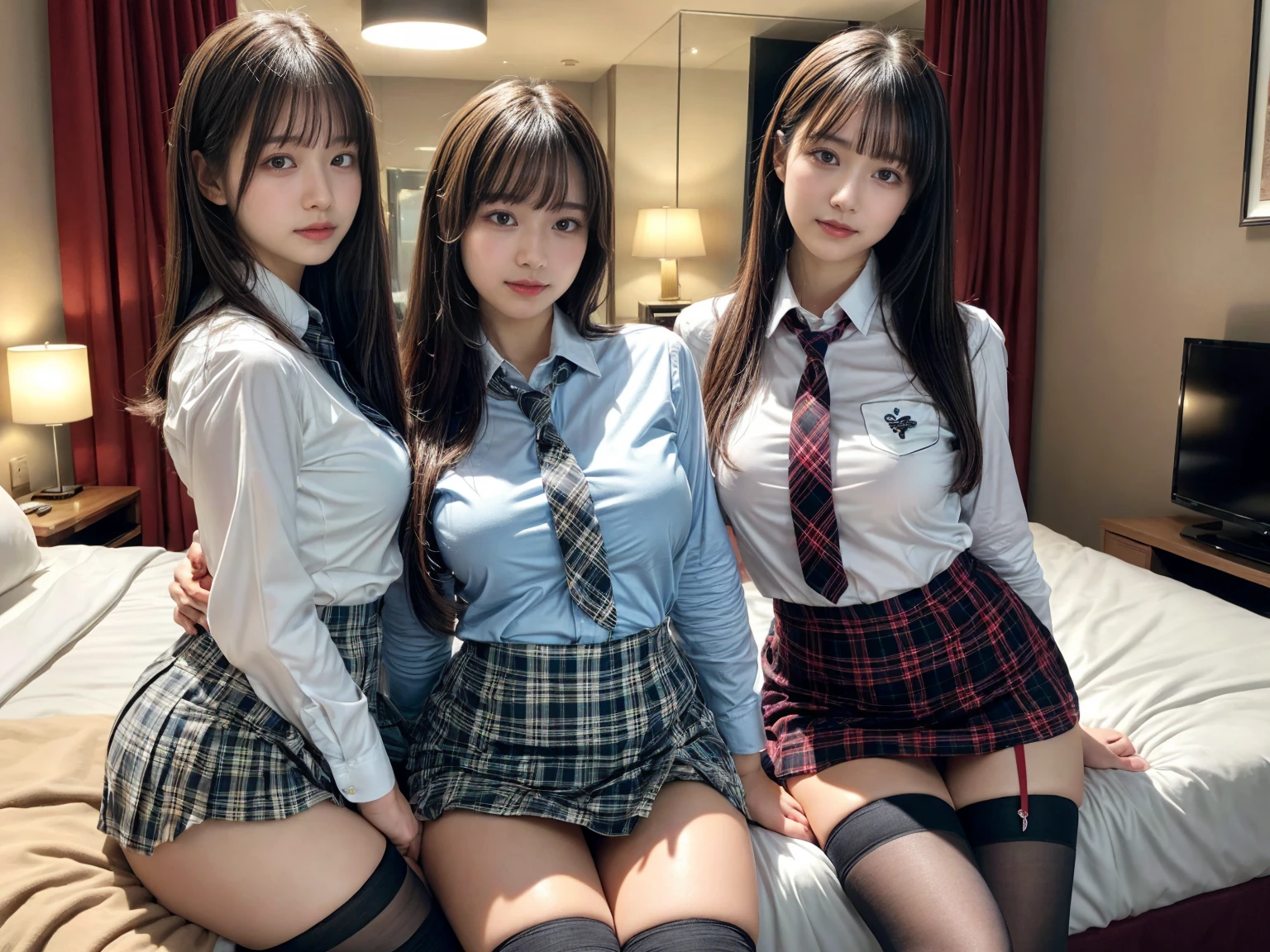 masterpiece, best quality, illustration, Super detailed, fine details, High resolution, 8K,wall paper, perfect dynamic composition,(Details High quality, realistic depiction of eyes:1.3), (3 girls), (white school shirt :1.2), (plaid skirt :1.3), tie black, black thigh-high stockings, sitting, open legs, short bob hair, in a hotel room in the background, deep on field, large breasts, black hair color, Big Natural Color Lip, (perfect body shape), crying a little、Harajuku style、20 year old girl、cute type、beautiful legs, Gravure Idol