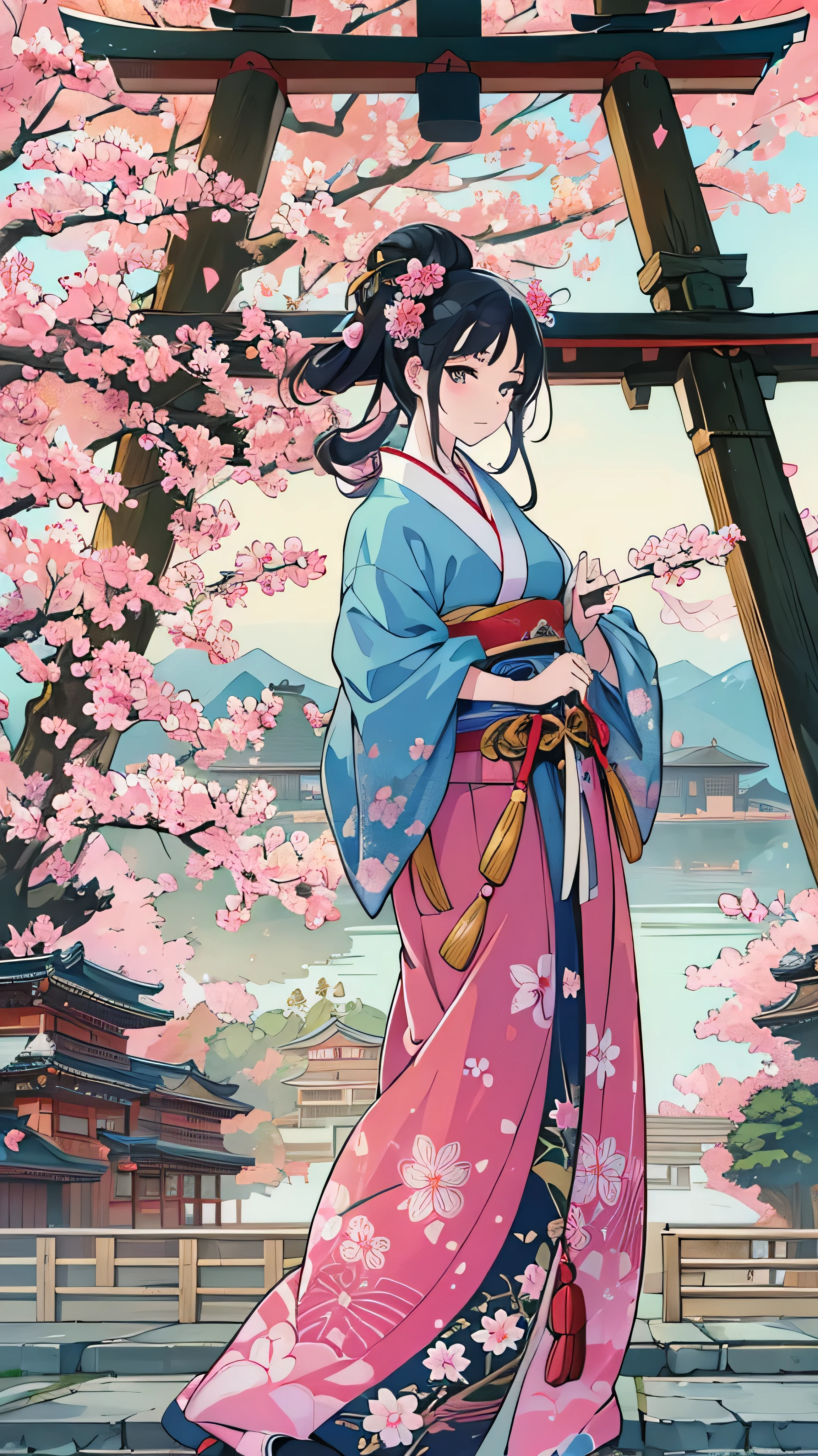 Anime girl in kimono outfit standing under a cherry tree - SeaArt AI