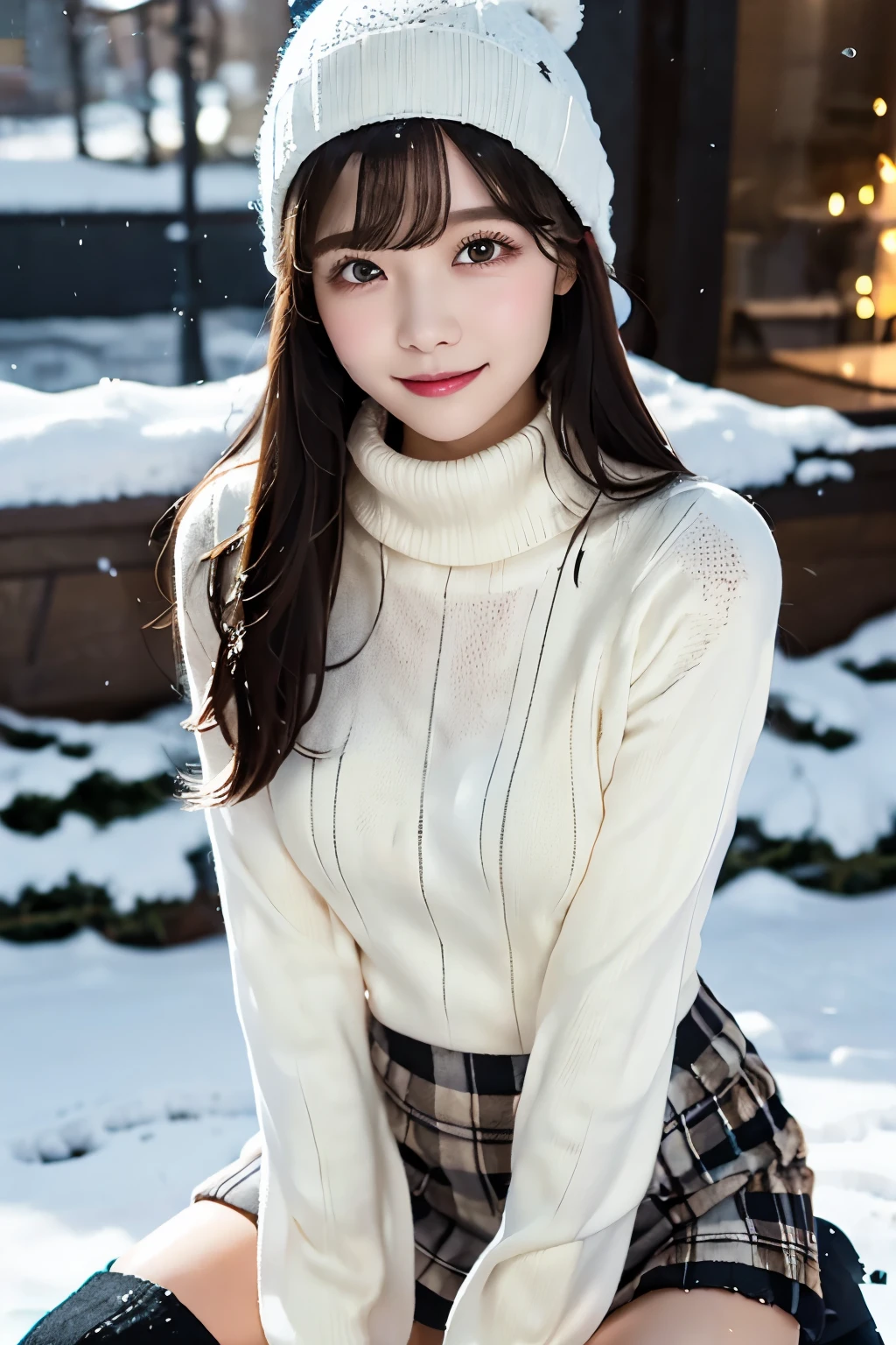white knitted hat 、 black hair、 straight hair、 has bangs、smile、Place your hands on a knitted hat、SkinnyBody、 white turtleneck knitted sweater、 tartan plaid tight mini skirt in a snowy city、 black knee-high boots、 crouching with legs open 、In a city where snow falls and piles up