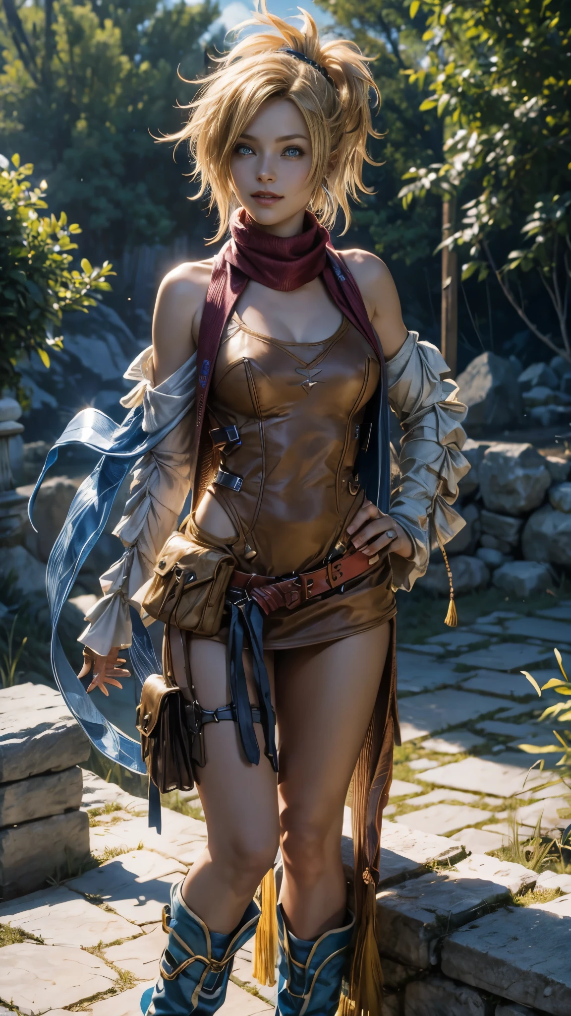 Rick , the lively and lively Vygasian heroine from Final Fantasy X-2 , Is shown in this breathtaking picture . She sits confidently on an old stone wall , Knocked over the other with one leg , radiating an aura of strength and determination . A light breeze playfully ruffles her short , Bob-like hair , and gives the scene dynamism . Rick 's trademark blue and white mini-dress adorned with loops and pockets is visible, and her characteristic scarf . With a grin on her lips and her piercing blue eyes, that keeps a firm eye on the viewer , Rick strikes an utterly captivating pose.