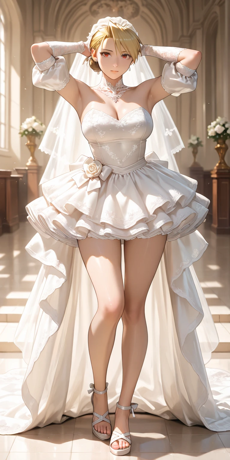 Highest quality,masterpiece,8k,((((One girl)))),Big Breasts,orgasm,blush,Sweat,Twelve Zodiac Signs_Soon,Black Hair,short hair,((Wedding dress:1.3)),mini skirt,Lift up your skirt,Under the skirt,White panties,White knee socks