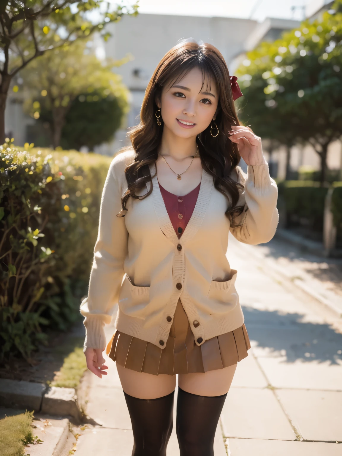 full body shot, from below, Japanese woman seen from a viewpoint , 78 years old, detailed face , facial wrinkles, Wrinkles Around Eyes , smile, detailed skin texture , white skin, heavy makeup , long hair, ( curvy body , saggy breasts , plump thighs ), ( earrings, necklace, red ribbon, brown cardigan, red skirt, pleated skirt , micro mini skirt:1.2), ( black knee-highs, wearing high heels :1.2), ( Sidewalk, Please take a picture of your whole body from toe to head :1.2), ( surrealism, top quality, super detailed, absolute resolution , 8k, anatomically accurate), depth of field, Watch Viewers , standing picture, ( Kuwait), (1 Female), full body, detailed face