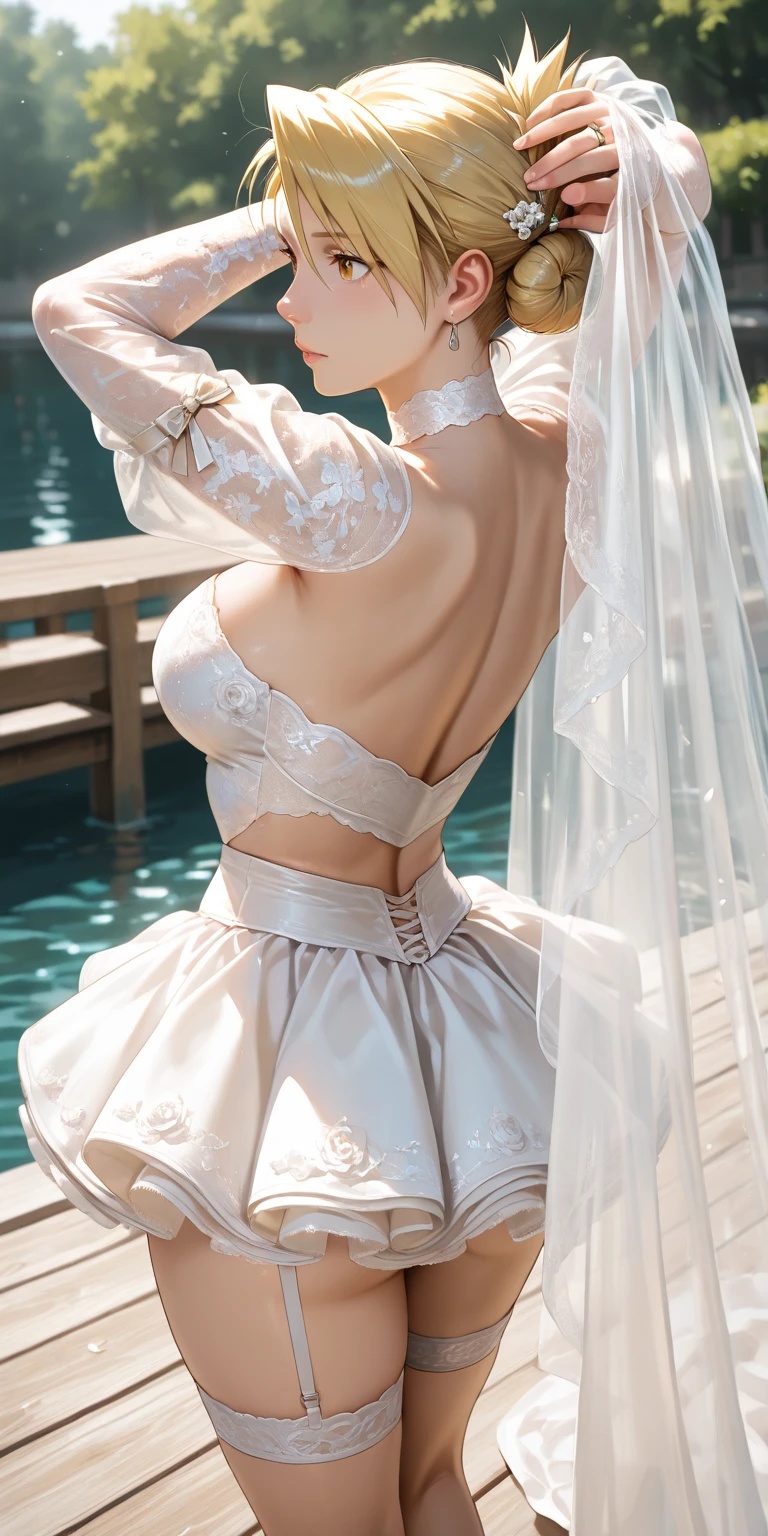 (highest quality, table top:1.2), (realistic:1.3), (Very detailed background, detailed background), bokeh,shot from the side,  ((huge  breasts)), [[valley]],(princess line transparent wedding dress:1.3),(((one shoulder:1.3))), bridal tiara, bridal veil, bridal gauntlet,  Upper body, (Wedding venues near the sea:1.2), smile,ditch，Expose the base of the thighs