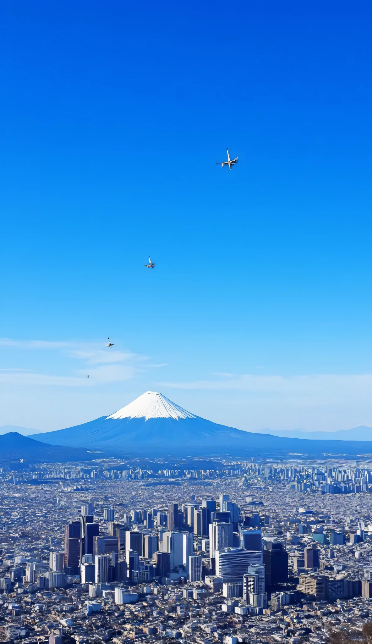 Hi-Res, top quality, Masterpiece, top quality, super high heels, (( Japan's Self-Defense Forces fighter jets are in the upper right sky of Mt. Fuji2 the plane is visible flying )),((Mt. Fuji is visible in front )),Clear skies,blue sky, orbital space, The cityscape of Tokyo spreads out in the foreground 、