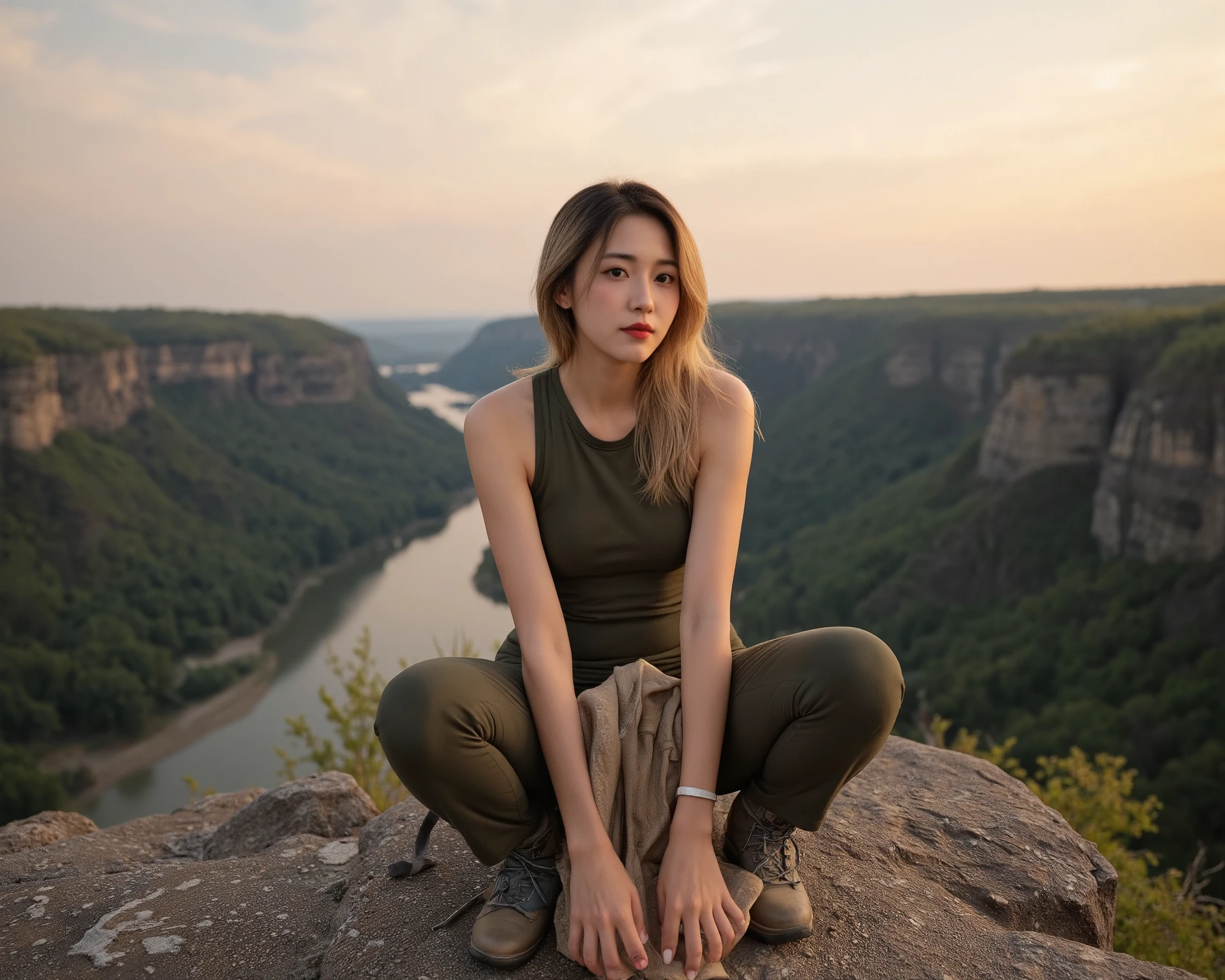 full shot, wide angle, beautiful woman with long blond with dark roots, red lipstick, full shot, wide angle, beautiful woman with long blond with dark roots, red lipstick, She's sitting on the edge of a cliff, her feet in the air, with a stunning view of the green river valley below)), ((hiking gear:1.3)), hiking boots, at sunset,
