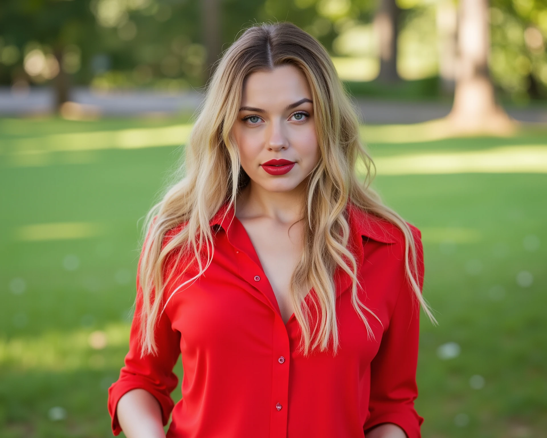 full shot, wide angle, beautiful woman with long blond with dark roots, red lipstick, hour glass shape,tiny attractive nose, flowing blonde hair and striking blue eyes with wearing red shirt and jeans. She should have a natural, approachable expression and be illuminated by soft.Instagram photo. She is in the park, her hands are not captured in the photo, Capture this image with a high-resolution photograph.