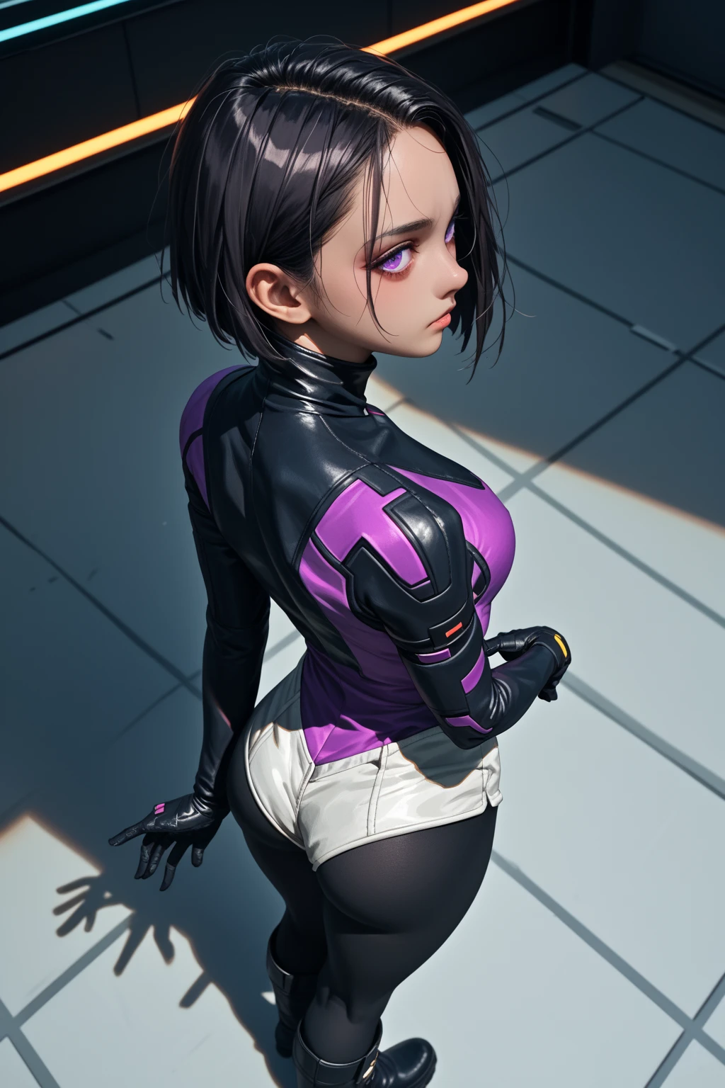 Create a female support for the game Overwatch in which she is a space traveler with clothes inspired by the EVA pilots from the anime Neon Genesis Evangelion, in a more sombre black and red tight costume with an overcoat and hood, in which she lives in the shadows hiding her identity, living just for under your beliefs. Make her in a pose leaning against a wall. Make the image in a full-body, hand-drawn style
