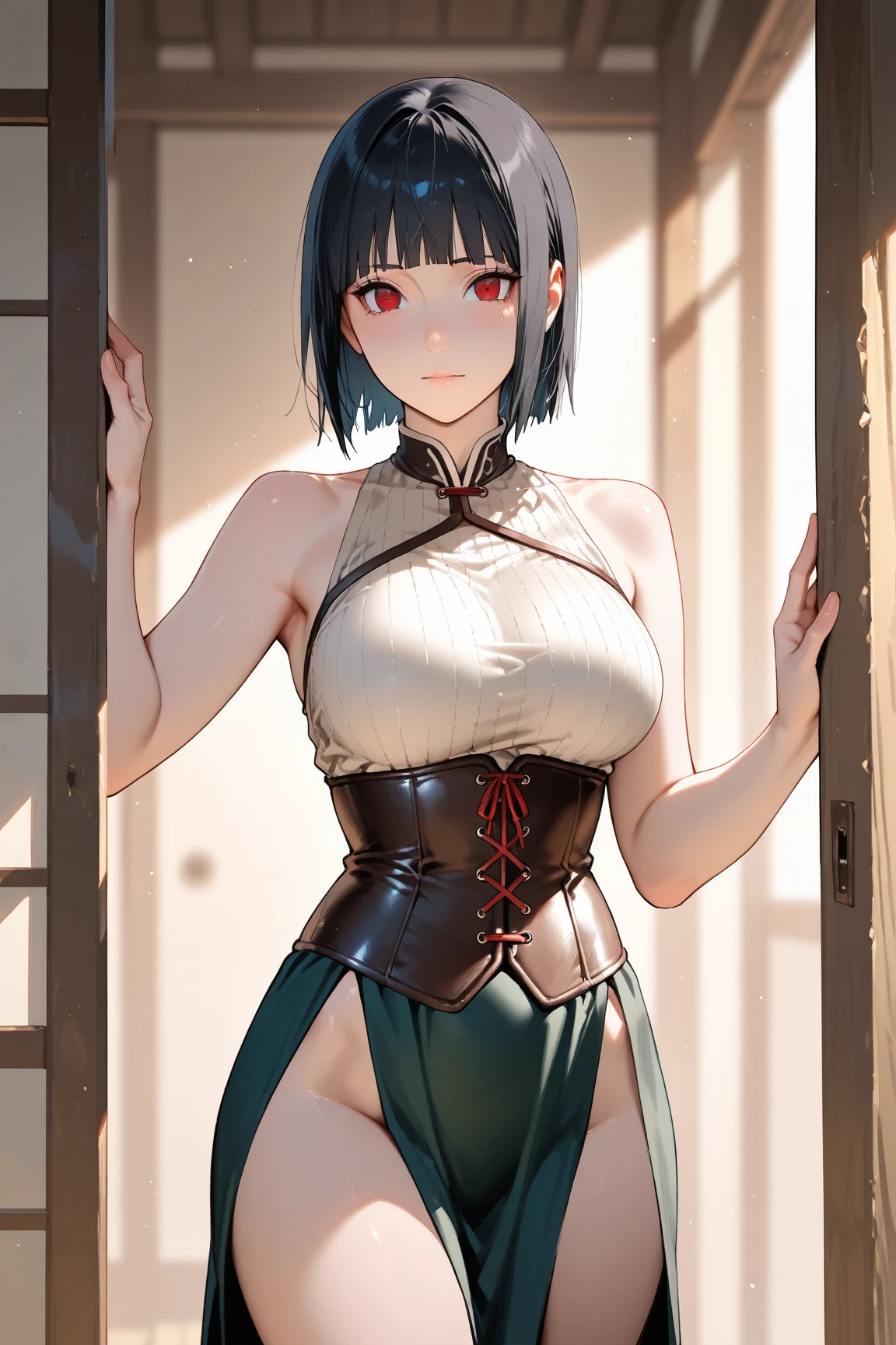 (masterpiece, best quality), 1girl,  <lora:Kaede Sakata:1> 1girl, 3dcg 07, black hair, blue eyes, curtained hair, kaede sakata, low twintails, medium breasts, parted bangs, ponytail, short hair, solo, twintails
