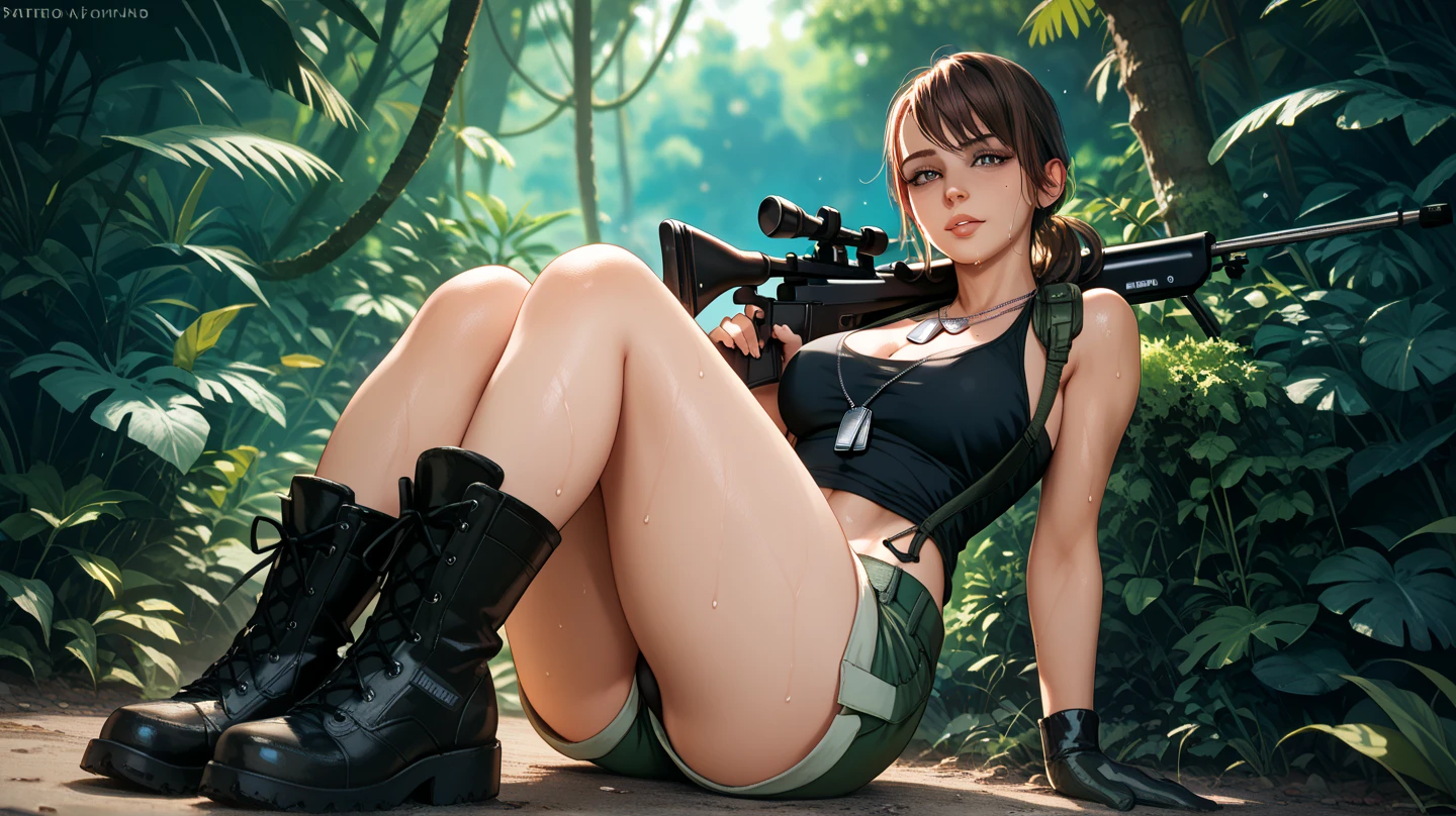 Raw 16k Ultra HD Vivid Colors Masterpiece Ultra Resolution, Close-up Body Is Face of Game Character Tromb Raider Lara Croff, With Explorer Outfit, Torn Shirt, Short Torn Shorts, Muddy Laundry, Muddy Face, She's Lying On The Ground, Big Butt, Photo Focusing On Her Butt, Perfect Butt, She's Lying Near A Camp In The Forest