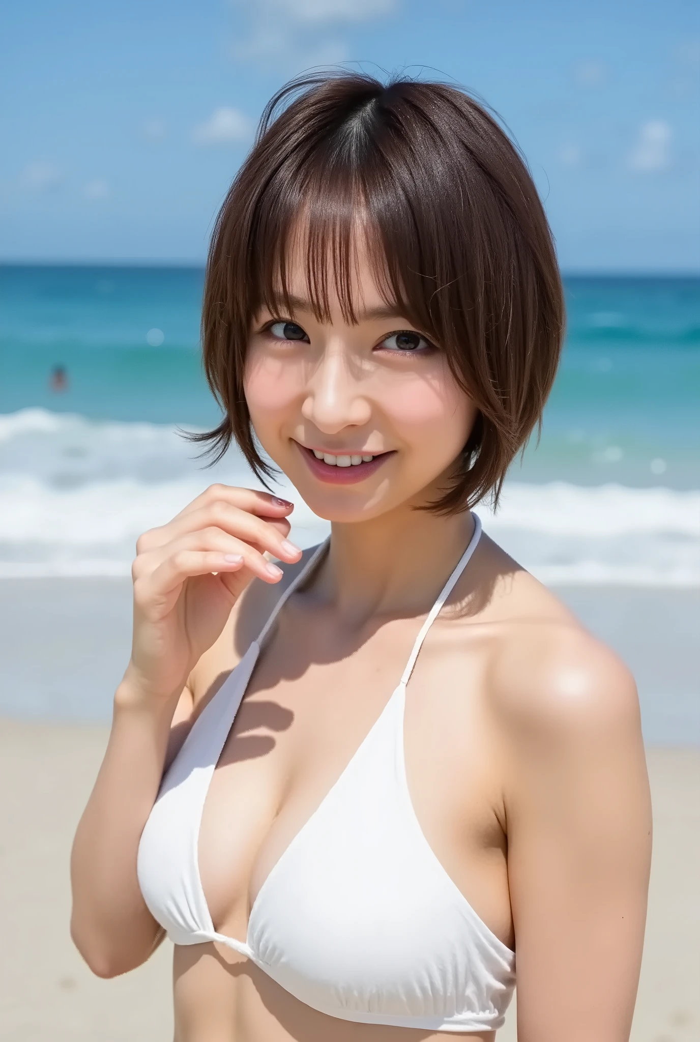 nsfw, (one japanese girl on the beach), ((girl is wearing white string bikini. : 1.2)),((short bob hair)), (wearing string bikini. girl has nice breasts and slim body.), (provocative pose), (deep cleavage)breaking,(masterpiece), high resolution, best quality, highly detailed face, very beautiful face, proper anatomy