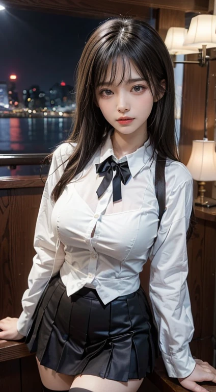 Detailed face、highlight、Asian Girl、thigh、breast enhancement、Black Hair、Heavy bangs、Checkered Skirt、White blouse、