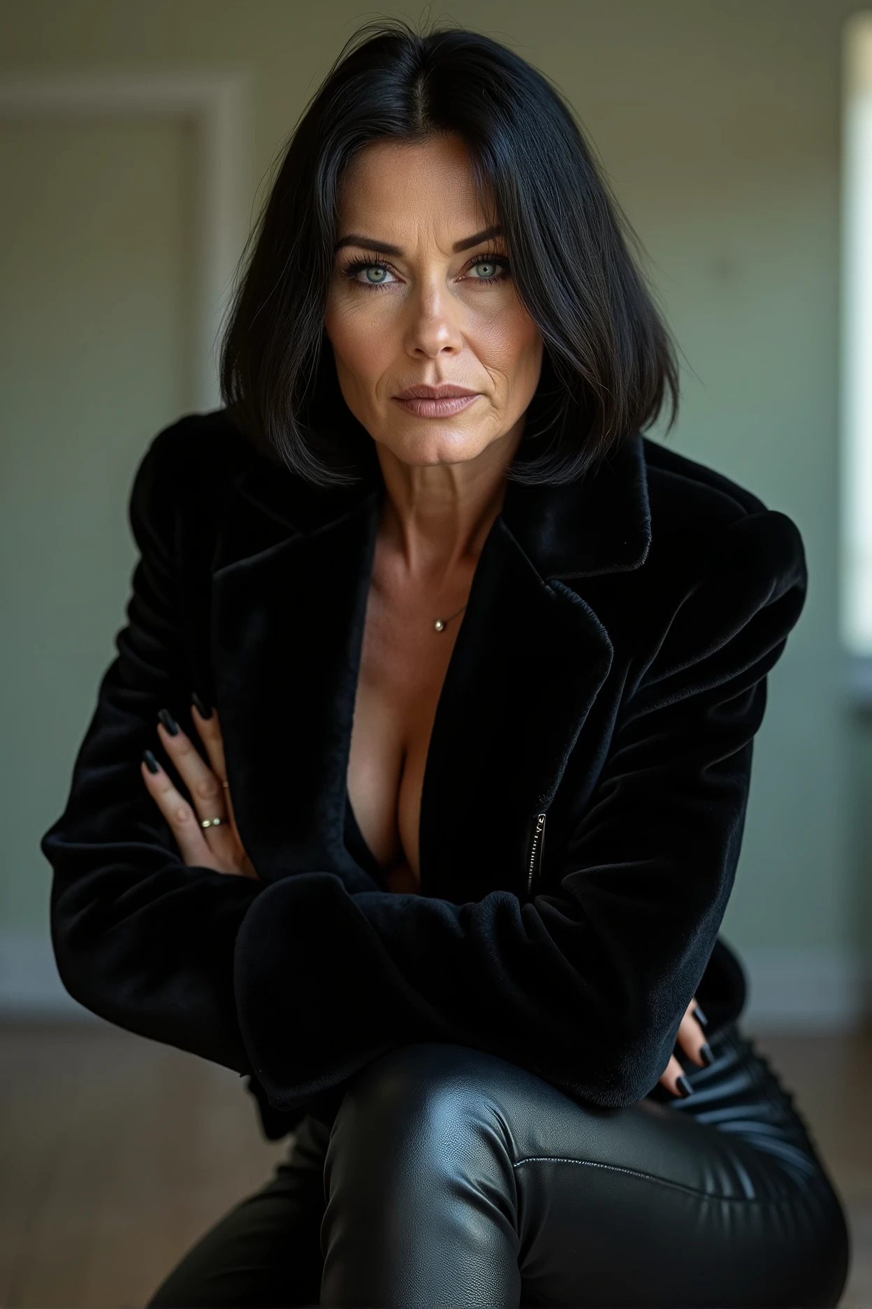 photograph, full body, of a beautiful mature woman, 62 years old, slim, skinny, petite figure, european, cute, black hair, shoulder length bob, big bright light blue eyes, big ice blue eyes, eyeliner, aged skin, alightly wrinkled skin, pale skin,  short black fur jacket, black tight leather jeans, wearing leather boots, posing, sexy, stern, domineering expression, low camera angle, highly detailed, high resolution, 4k