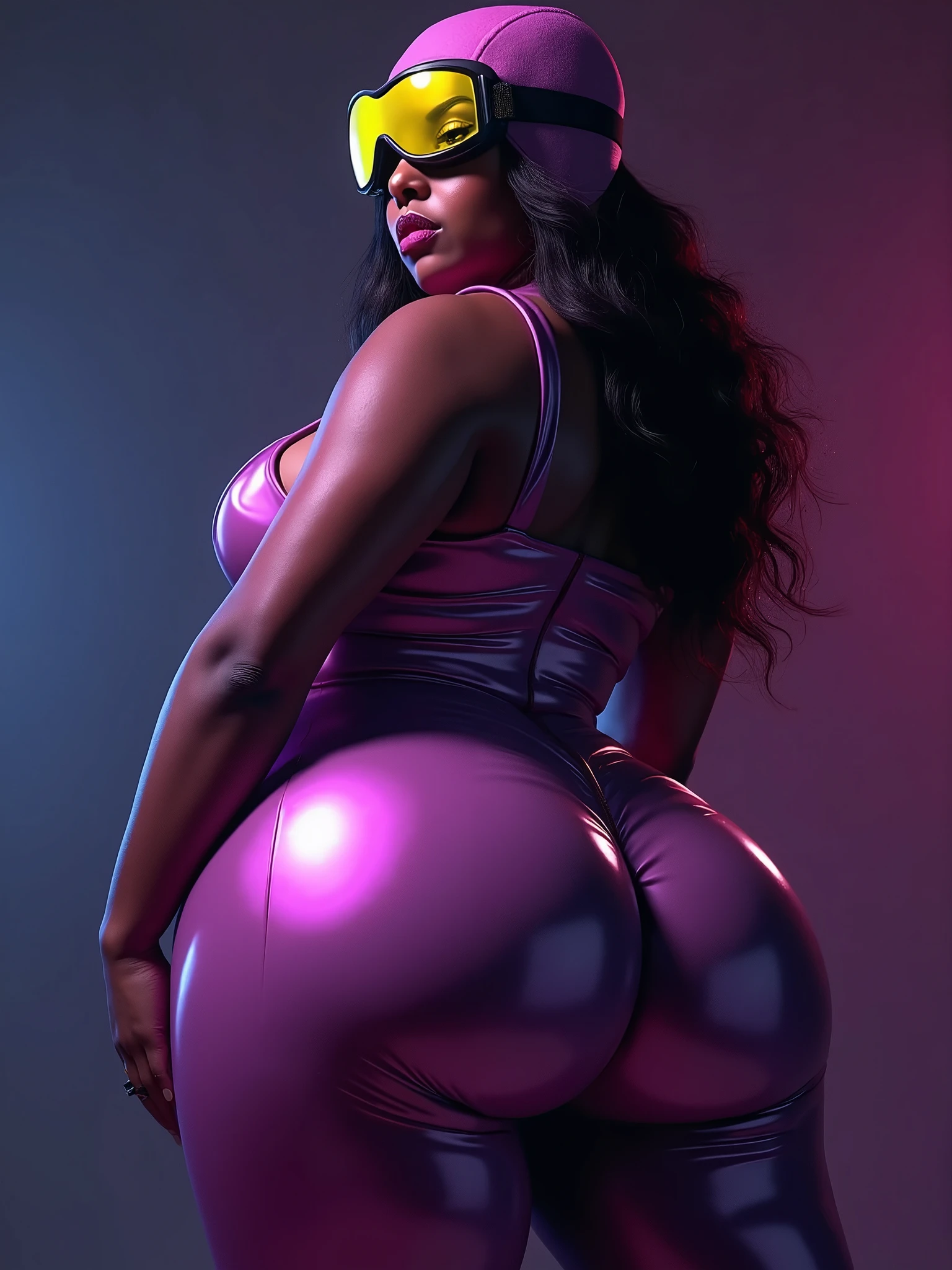 (Hinata Hyuga, Very sensual, Wearing tight clothes, beautiful sexy eyes, plump , full sexy lips ,( curvy body 1.3))),wide hips and big thighs 1.3, Big Ass, Thick legs, Colorful full-body bodysuit, Wearing a mini blouse, Navel comes out, Long Hair, Rear Speakers, Very realistic, Cyberpunk city view, clearly defined lines, Neon lights are so sexy, 8k, 8k Very detailed), (Very delicate and beautiful), (masterpiece), (Better Quality: 1.0), (Ultra-high resolution:1.0), ((Synthwave Background Theme))