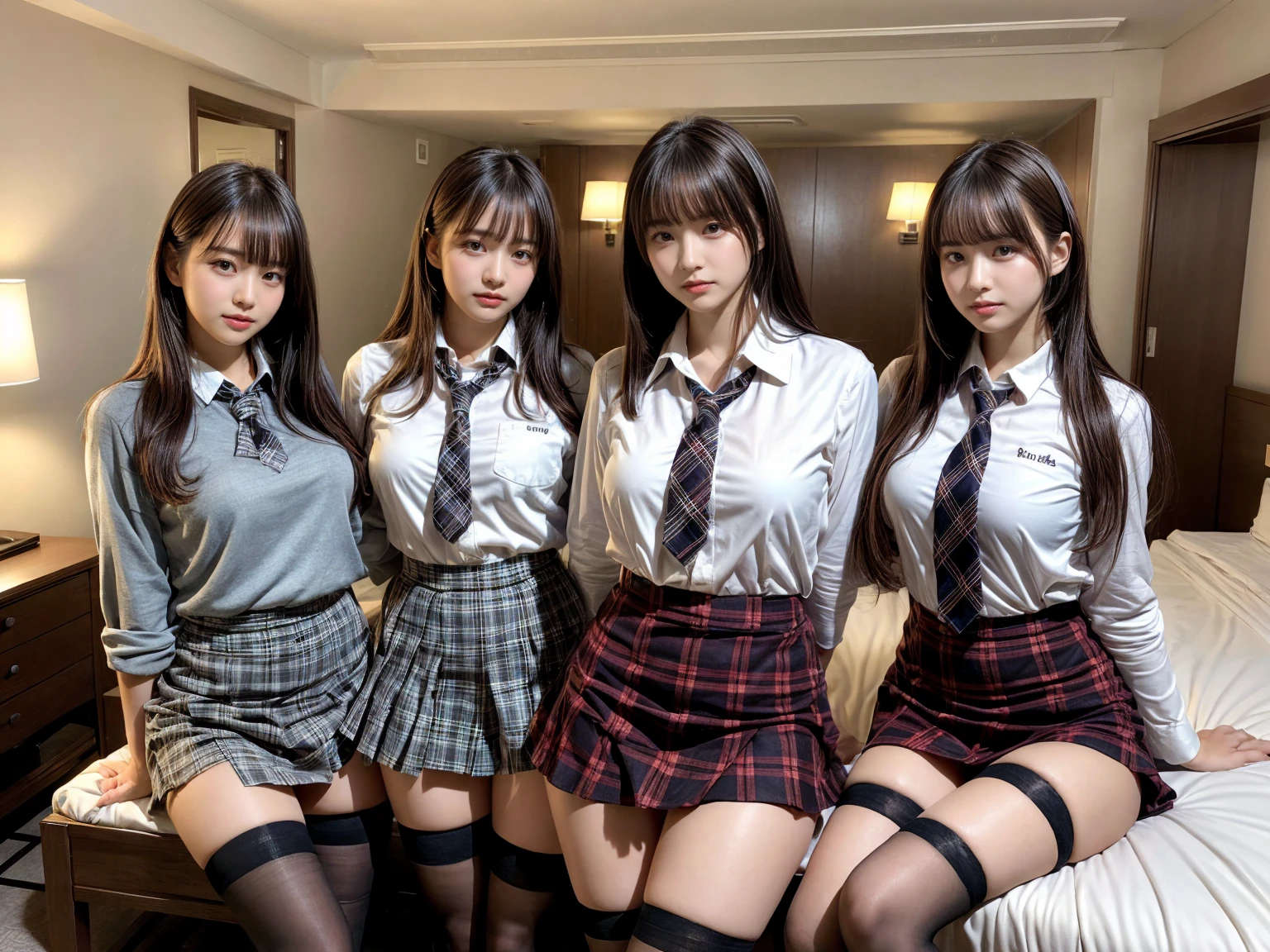masterpiece, best quality, illustration, Super detailed, fine details, High resolution, 8K,wall paper, perfect dynamic composition,(Details High quality, realistic depiction of eyes:1.3), (3 girls), (white school shirt :1.2), (plaid skirt :1.3), tie black, black thigh-high stockings, sitting, open legs, short bob hair, in a hotel room in the background, deep on field, large breasts, black hair color, Big Natural Color Lip, (perfect body shape), crying a little、Harajuku style、20 year old girl、cute type、beautiful legs, Gravure Idol