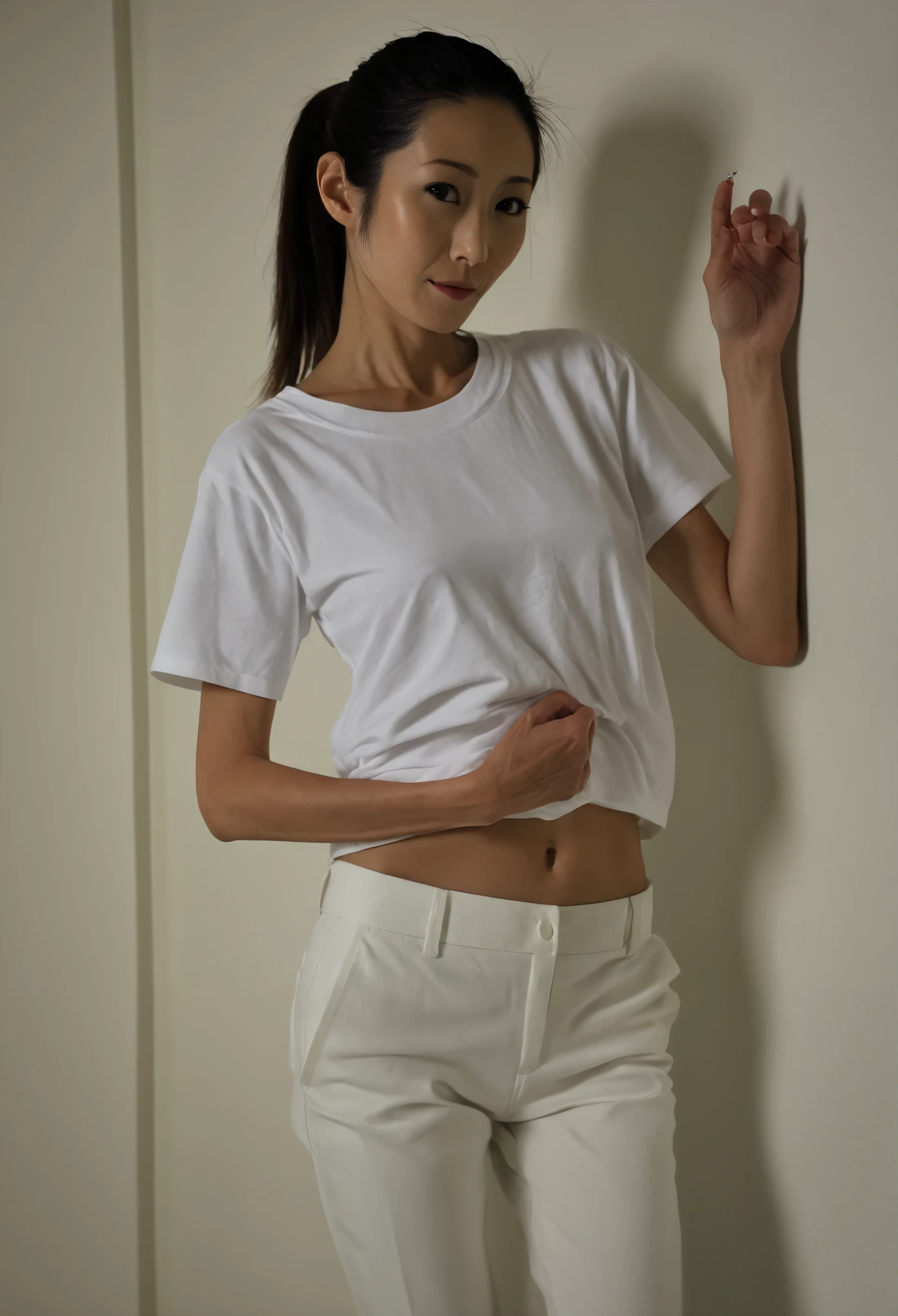  50 years old,  beautiful Japanese woman 、((( real 、 by Nomi、live-action))) , Skinny Body  、  ponytail hair、  white t-shirt 、 chinos、 When I'm home at night   