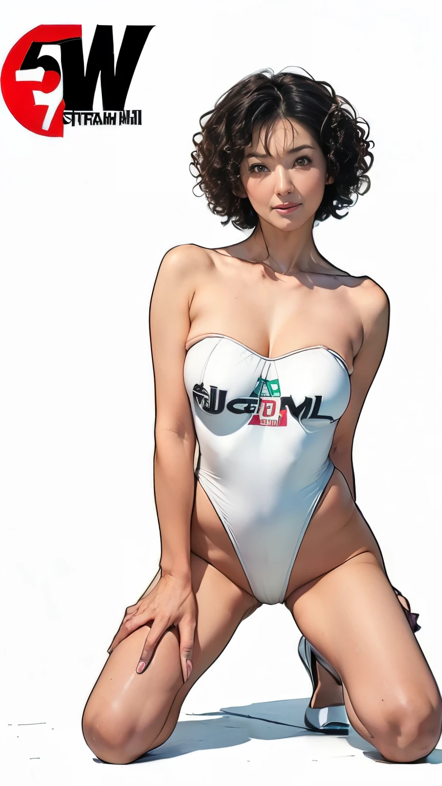((8k)),((Best Quality:1.0)), ((japanese mature woman of 55 years old)),((Photorealistic:1.3)),(Raw photo),(Solo),Sharp Focus,finely detailed,High Quality, High Definition,detailed face,raw very detailed,((simple background:1.5)),((straight-on:1.4)),((looking at viewer:1.8)),full body shot,BREAK ((aunty:1.7)),((granny:1.6)),((55 years old)),((Japanese MILF:1.6)),((A middle-aged Japanese woman in her fifties:1.7)),((black hair:1.7)),((curly perm hair:1.8)),((forehead:1.4)),((super short hair:1.7)),(((black eyes)),(plump:1.3),BREAK ((RaceQueen outfit)),((high-leg cut onepiece leotard)),((strapless leotard:1.6),((sleeveless leotard)),((white leotard features sponsor logos and designs:1.7)),((tight fitting)),(pin-heel),((bare shoulders:1.3)),((bare arms:1.5)),BREAK ((one knee:1.5)),(kneeling),((spreading legs wide:1.3)),(mature AV actress),((small breasts:1.8)),((aged sagging breasts)),(plump:1.4),tight fitting,(dull Skins: 1.2)