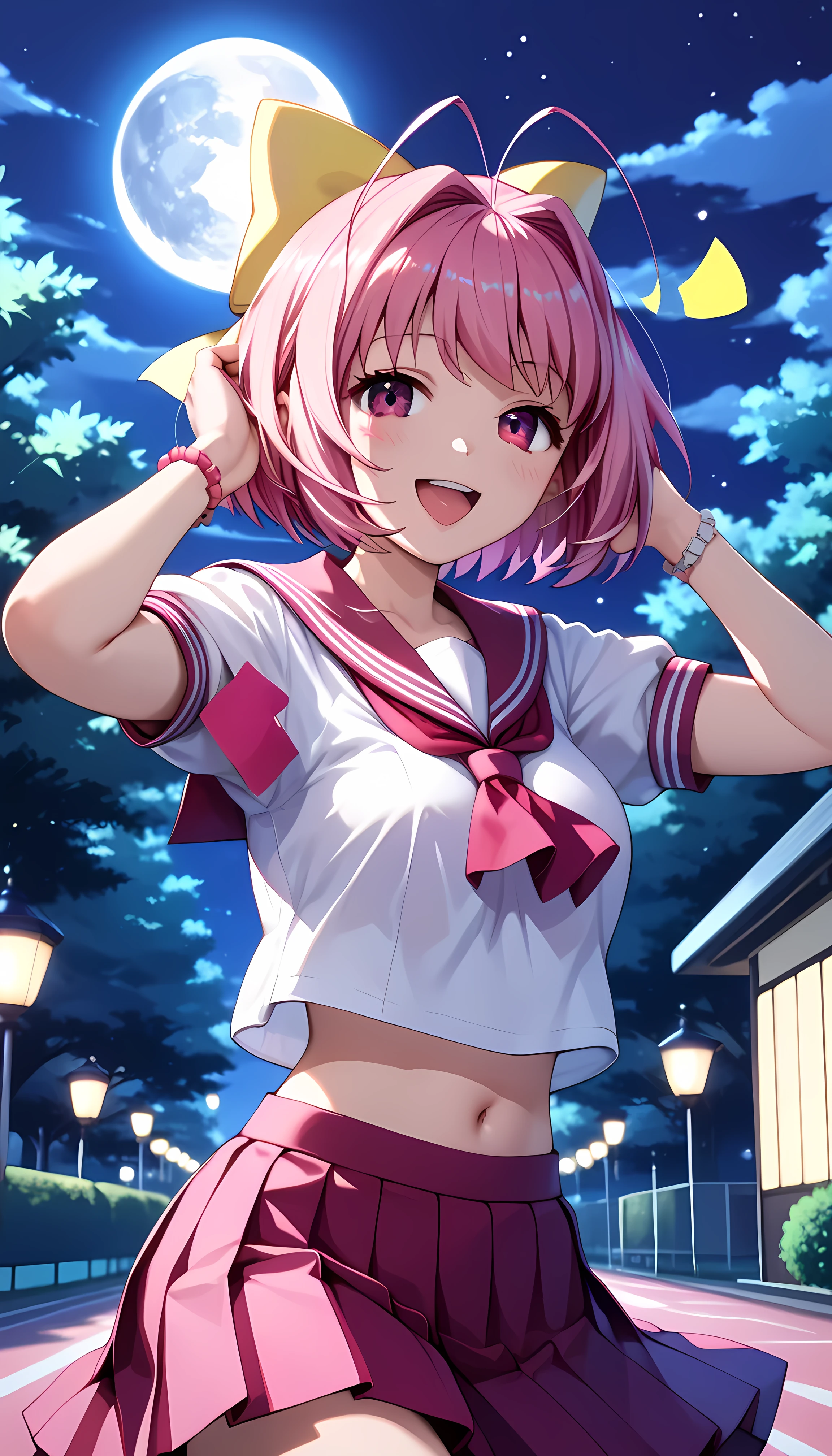 Commemorative photo of girls, 1 Girl, kanon nakagawa, short hair, pink hair, hair bow, pink eyes, antenna hair, -yeld gi School uniforms, Sailor suit, (((Night Park, Big moon background:1.4))), blush:1.2, With a letter:1.4, Close your eyes and laugh, ((Mouth slightly open, An important confession moment)), Full body, showing armpits, navel, bare thighs, Light and shadow with attention to detail, Background Blur, (Highest quality:1.2, 4K, 8k, Very detailed, Attention to detail, masterpiece:1.2, Best aesthetics),{Viewfinder},