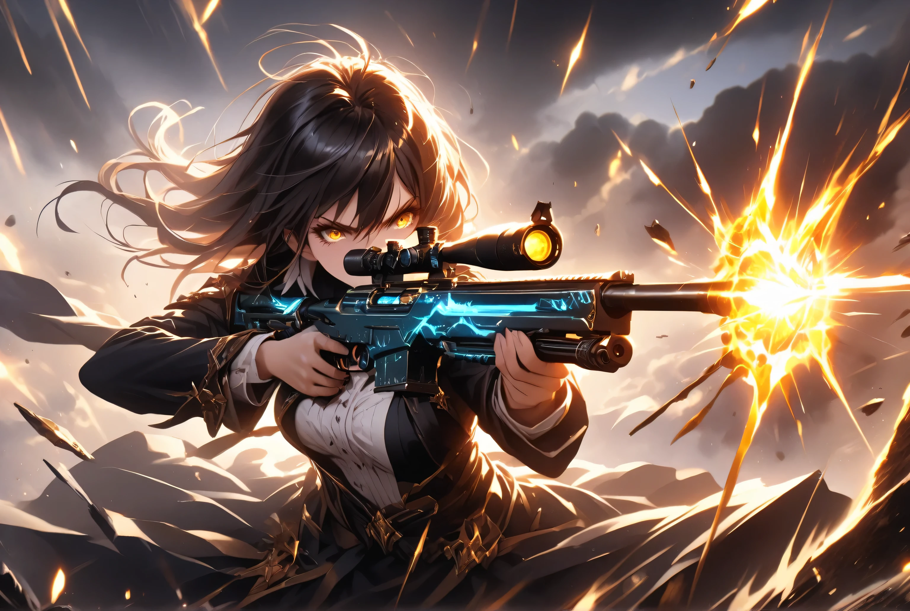 The dynamic scene captures, from before ,
A woman with dark hair and golden eyes ,
when {x} pierces with an amazing rifle covered in golden flames when {x} starts an attack、 A golden spark instantly shines 。,
The golden flames surrounding her amazing rifle 、 gives it an eerie glow ,Shine,Shine gun,Dark Fantasy,dynamic, action scene ,
glass shards , reflection , broken glass,