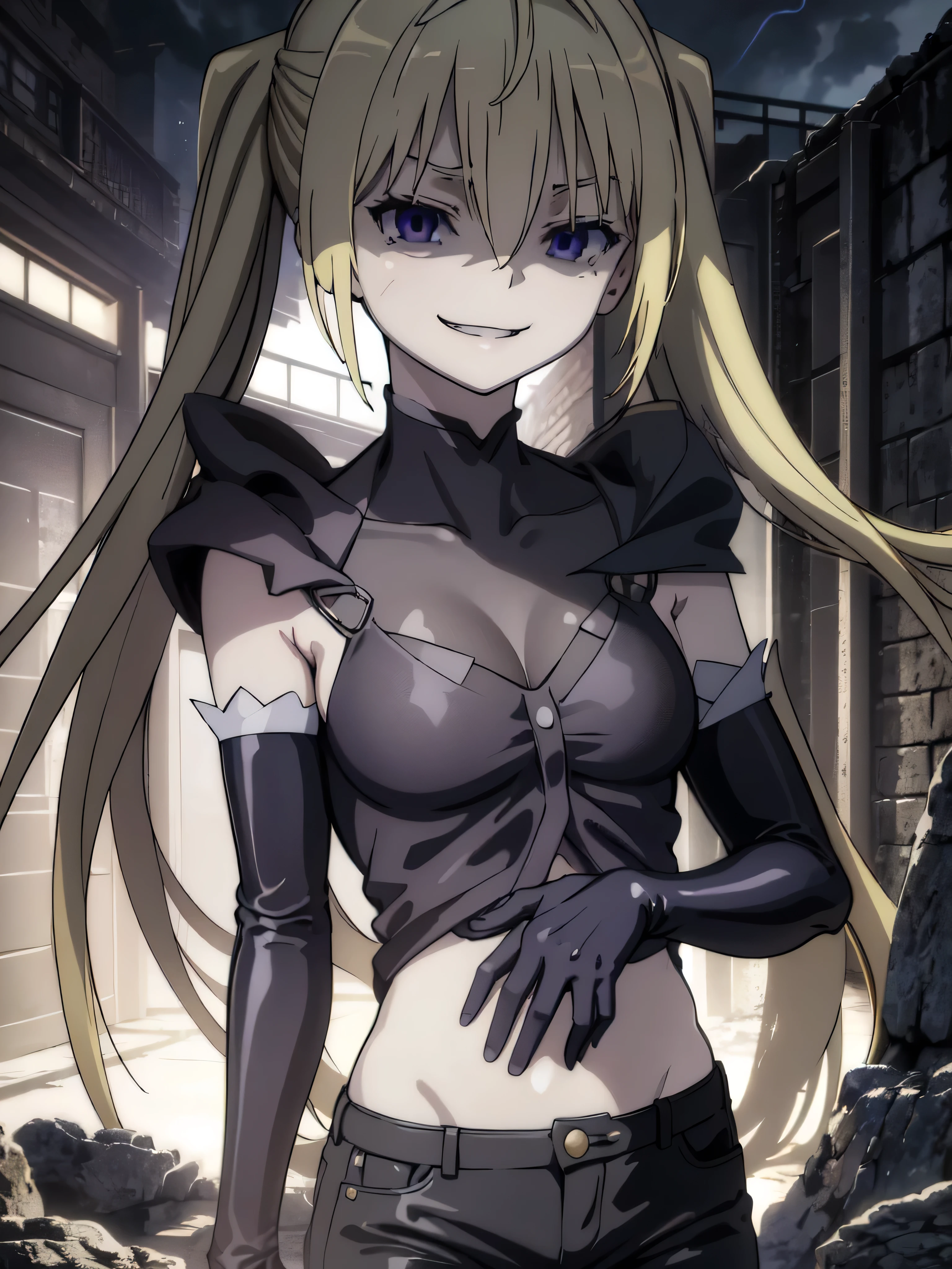 (masterpiece, best quality), 1girl,     lieselotte sherlock,high quality, extremely detailed, ,(dark and stormy skies, lightning)(masterpiece:1.0),(Highest_quality:1.0), 超High resolution,4k,Super detailed,  8K, HDR, High resolution, disorganized:1.2, twintail,,looking at viewer,latex,elbow gloves,,, ,official art,short pants,(beautiful_face:1.5),(narrow_waist),,Highly detailed CG Unity 8K wallpaper, perfect lighting,laugh at,too evil smile,too evil smirk,looking down at viewer,upper body,smile bad,deep shaded face,too evil fall,