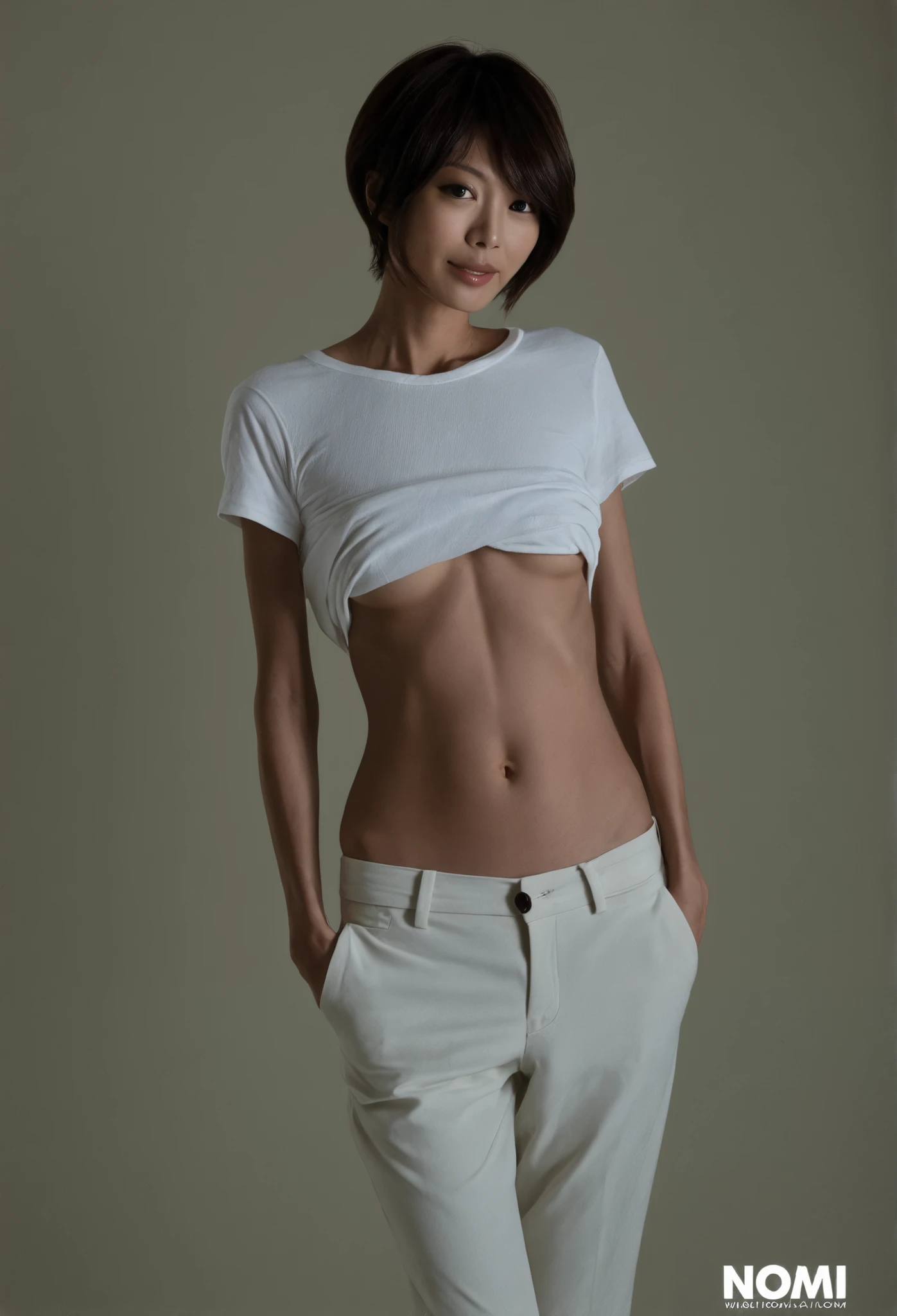  40 years old,  beautiful Japanese woman 、((( real 、 by Nomi、live-action))) , Skinny Body  、 very short hair、  white t-shirt 、 chinos、 When I'm home at night   