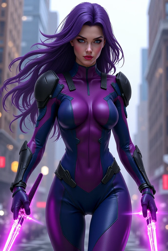 A beautiful super powered villainess with purple and blue hair and glossy red lips. Her eyes are emanating red energy with barely contained power and rage. She is wearing a skintight blue and black full sleeve microdress and black mid calf high boots. Floating over the still burning ruins of the Hall of Justice. She is strangling The Flash.
