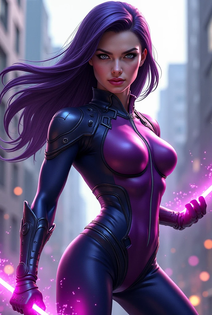 Beautiful, (master part:1.2), (best quality:1.2), rosto perfeito, olhos perfeitos, perfect lighting, Pov, foco facial, head shoot, 1girl, Psylocke, collant, borracha, ombros expostos, sorrir, metade superior, foreshortening, profundidade, fundo gradiente simples