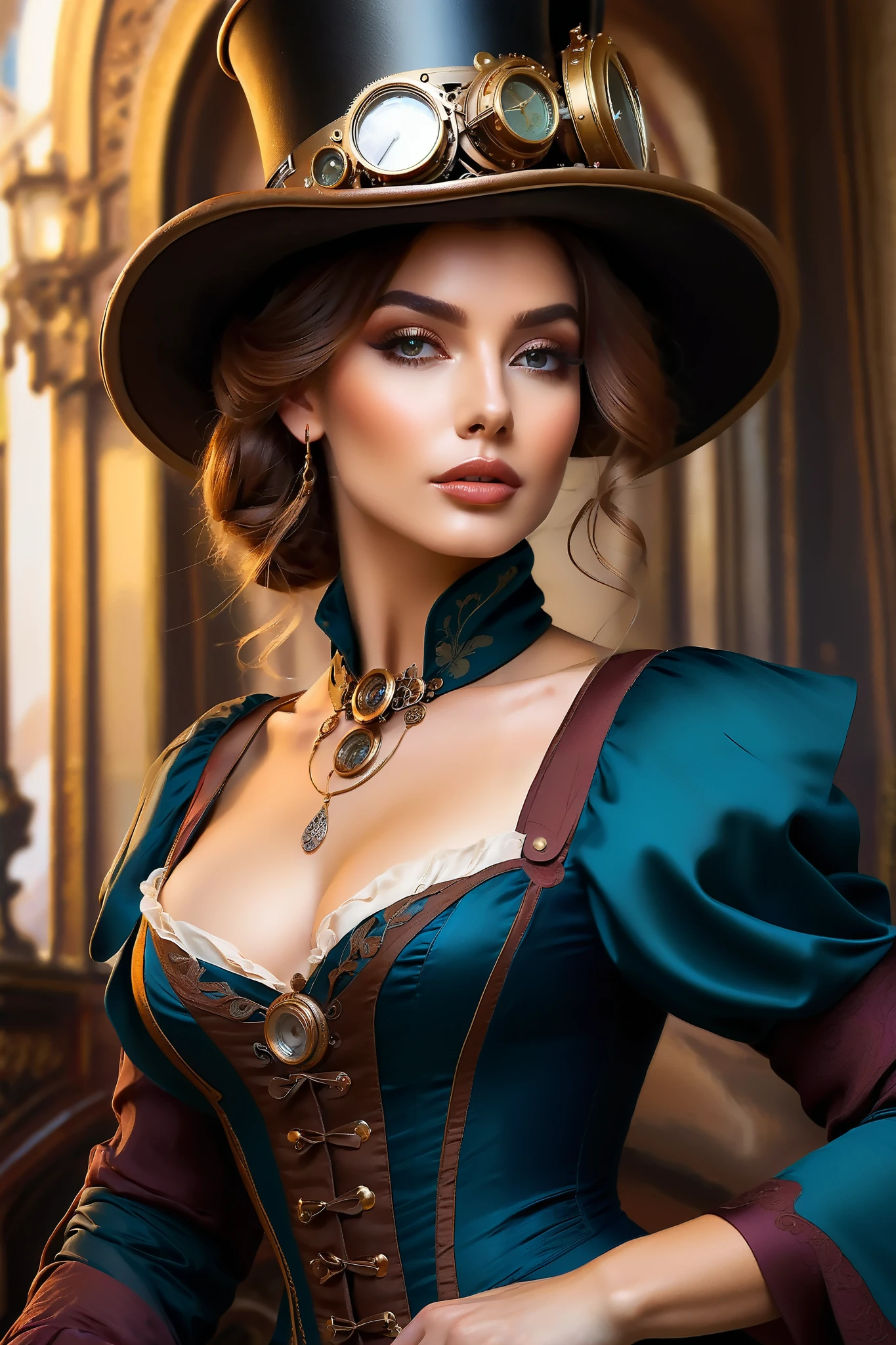 Photo (( )), wearing elegant dress steampunk items, modern Paris , samyslovatyyi, elegant, very detailed, digital painting , artstation , concept art, smooth, sharp focus, illu0 .8ation , art by artgerm, Greg Rutkowski и Alphonse Mucha