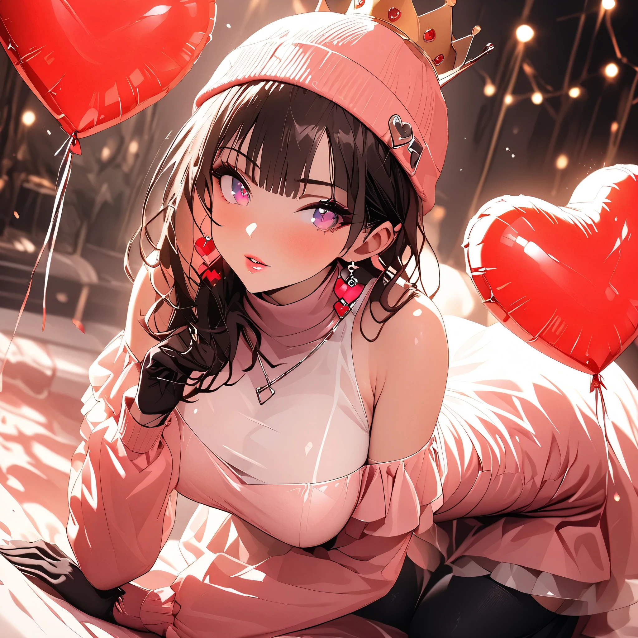 (beautiful girl:1.3),1girl,masterpiece,Highest quality,Ultra-high resolution,rich contrast,super high quality,8k,Highly detailed CG unit wallpaper,texture,Incredibly absurd,Ultra-high resolution,Highest quality anime,professional photograph,an extremely delicate and beautiful,RAW Photos,Depth of Field 1.2,ultra-detailed eyes,Glitter Effect,Beautiful glossy lips, 25years old, gorgeous legs, noise perfect, gorgeous , gorgeous , dynamic pose, skinny jeans, (translucent white blouse), long sleeves, no bra, sensual woman,  woman, mature woman, Milf, maternal, shy look, full body, 1girl, hud_crst_prncss_drss, flower buttons,  shoulders, crown, daisy earrings, reddish brown hair, long reddish brown hair, Setting: A fair with neon lights, She is holding a teddy bear with a red bow and several heart balloons float around her. Her eyes reflect love and sweetness, Outfit: An oversized burgundy sweater with a turtleneck, leather leggings and tall black boots. Accessories: Wool gloves, a scarf in pink tones and a knitted hat with a pompom. Hair and makeup: natural makeup with a little highlighter and raspberry lips. in a cafeteria decorated with garlands of hearts, short shoulder length hair, loose hair,