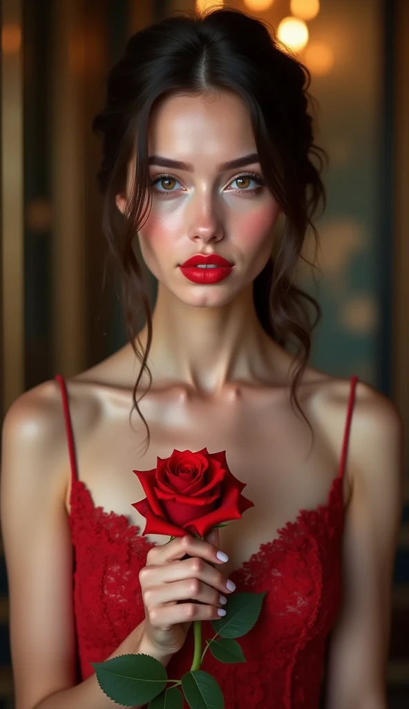 A girl with red rose with panty front on boy