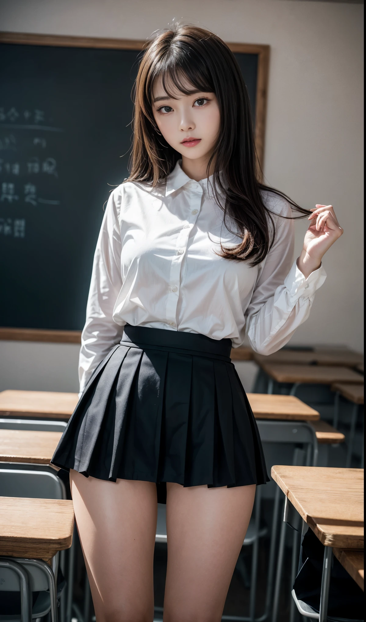 ((RAW photograph, Realistic photo, Best quality, 8K, Masterpiece: 1.3)), (raw photo:1.2), Hyperrealist portrait gorgeous Beautiful Chinese girl, teen girl, 16 years old, (pretty small teen body, beautiful flat breasts: 1.2), very detailed eyes and face, (lustfully naughty face, crimson red lip, Dewy Glow makeup: 1.3, blushing), beautiful detailed eyes, seductive sharp eyes, (charming smile: 1), smooth white skin, photo realistic, very detailed faces, ((school uniform), (unbuttoned a white shirt)), ((black pleated skirt: 1.2), (black stockings: 1.3)), (long legs: 1.2, beautiful long nails), loose curls hairstyle, (standing pose), (modern classroom background)