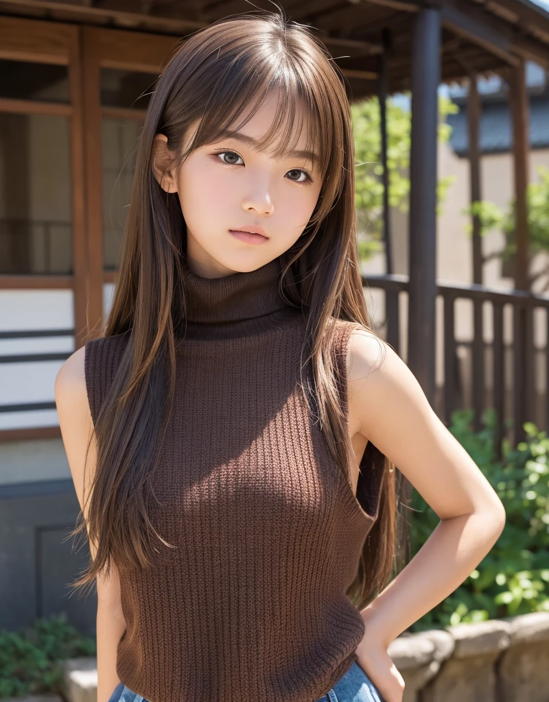 Beautiful girl wearing a turtleneck sweater、14years、Calm face、inside in room、