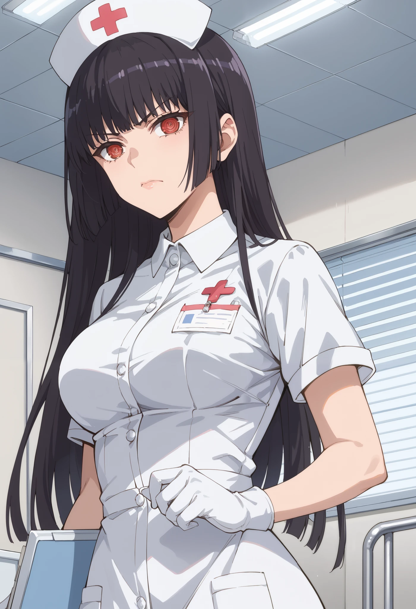 Score_9, score_8_up, score_7_up, source_anime, sana sunomiya, long hair, bangs, black hair, red eyes, hime cut, ringed eyes, large breasts, (best quality), (high quality), {masterpiece}, extremely delicate and beautiful, ultra-detailed, beautiful detailed eyes, nurse, nurse hat, ((white nurse's outfit)), white gloves, long gloves, black pantyhose, hospital room, angry, closed mouth, standing