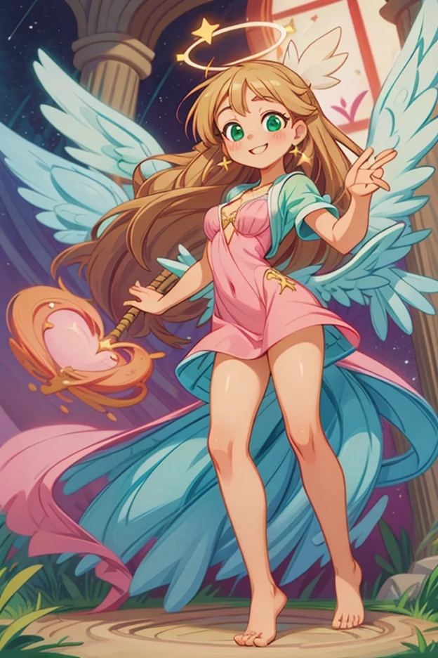 (masterpiece, best quality) cute anime angel girl, blonde long hair, delicate angel wings, barefoot, smiling, pose, coquette, beautiful long legs, mature girl, gorgeous body, pronounced , standing, intricate details and sunlight ethereal indoor scene, gentle green-eyed smile, pastel flowing pink dress, halo with glowing stars, holding a small magical staff, graceful and playful pose, celestial soft lighting.