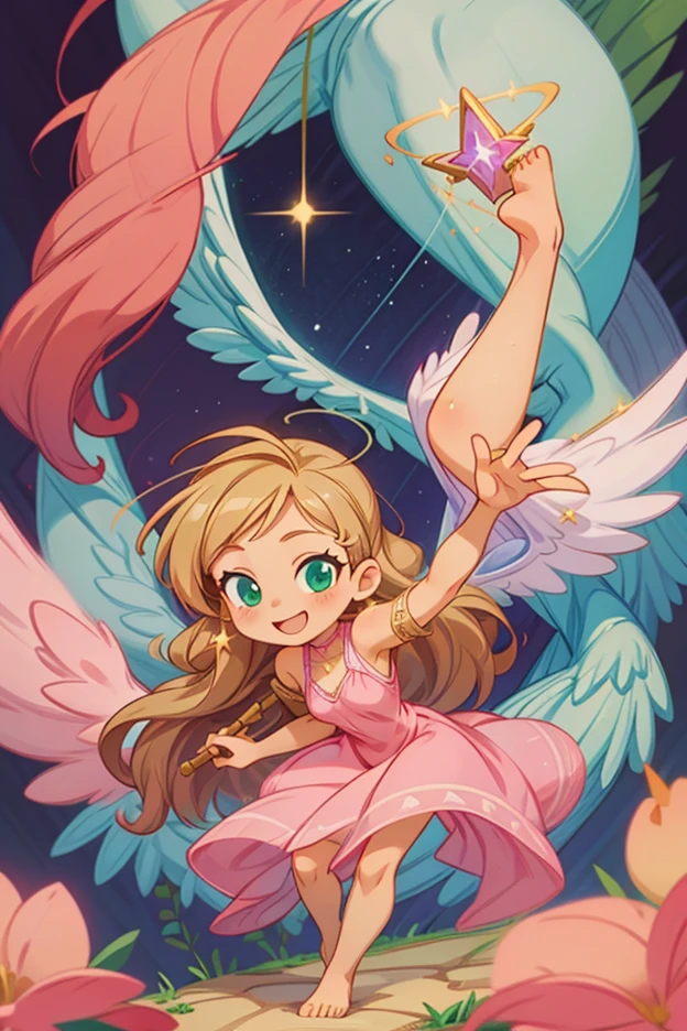 (masterpiece, best quality) cute anime angel girl, blonde long hair, delicate angel wings, barefoot, smiling, pose, coquette, beautiful long legs, mature girl, gorgeous body, pronounced , standing, intricate details and sunlight ethereal indoor scene, gentle green-eyed smile, pastel flowing pink dress, halo with glowing stars, holding a small magical staff, graceful and playful pose, celestial soft lighting.