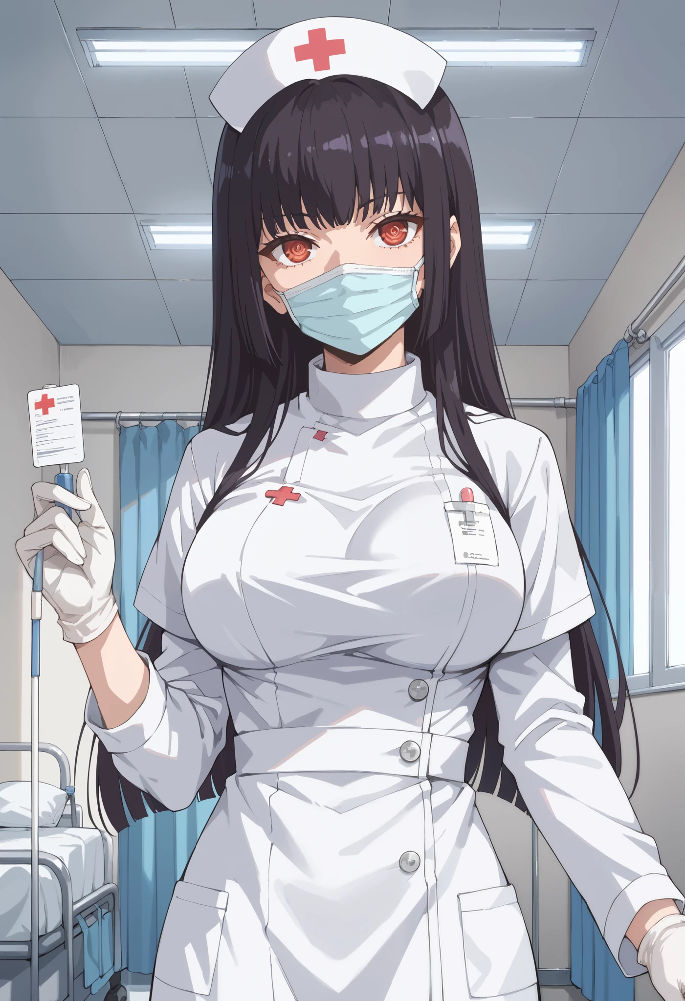 Score_9, score_8_up, score_7_up, source_anime, sana sunomiya, long hair, bangs, black hair, red eyes, hime cut, ringed eyes, large breasts, (best quality), (high quality), {masterpiece}, extremely delicate and beautiful, ultra-detailed, beautiful detailed eyes, nurse, nurse hat, ((white nurse's outfit)), white gloves, long sleeves, black pantyhose, hospital room, ((white surgical mask, covered nose)), standing