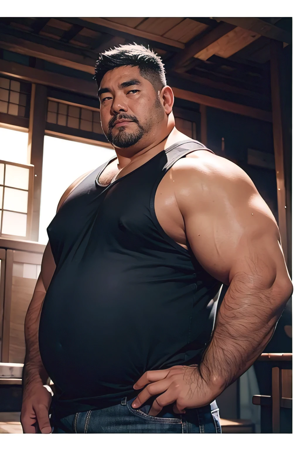 highest quality,masterpiece,1man,((fat japanese uncle)),55year old middle-aged man,black under cut hair,blue jeans,Thick eyebrows,short black beard,(very muscular),dark skin,Wrinkle-free face,(white background), Surrealism, Panorama, 8k,detail hands,upper body portrait,Slightly fleshy face,looking at viewer,small eyes,single eyelid,standing pose,black tank top