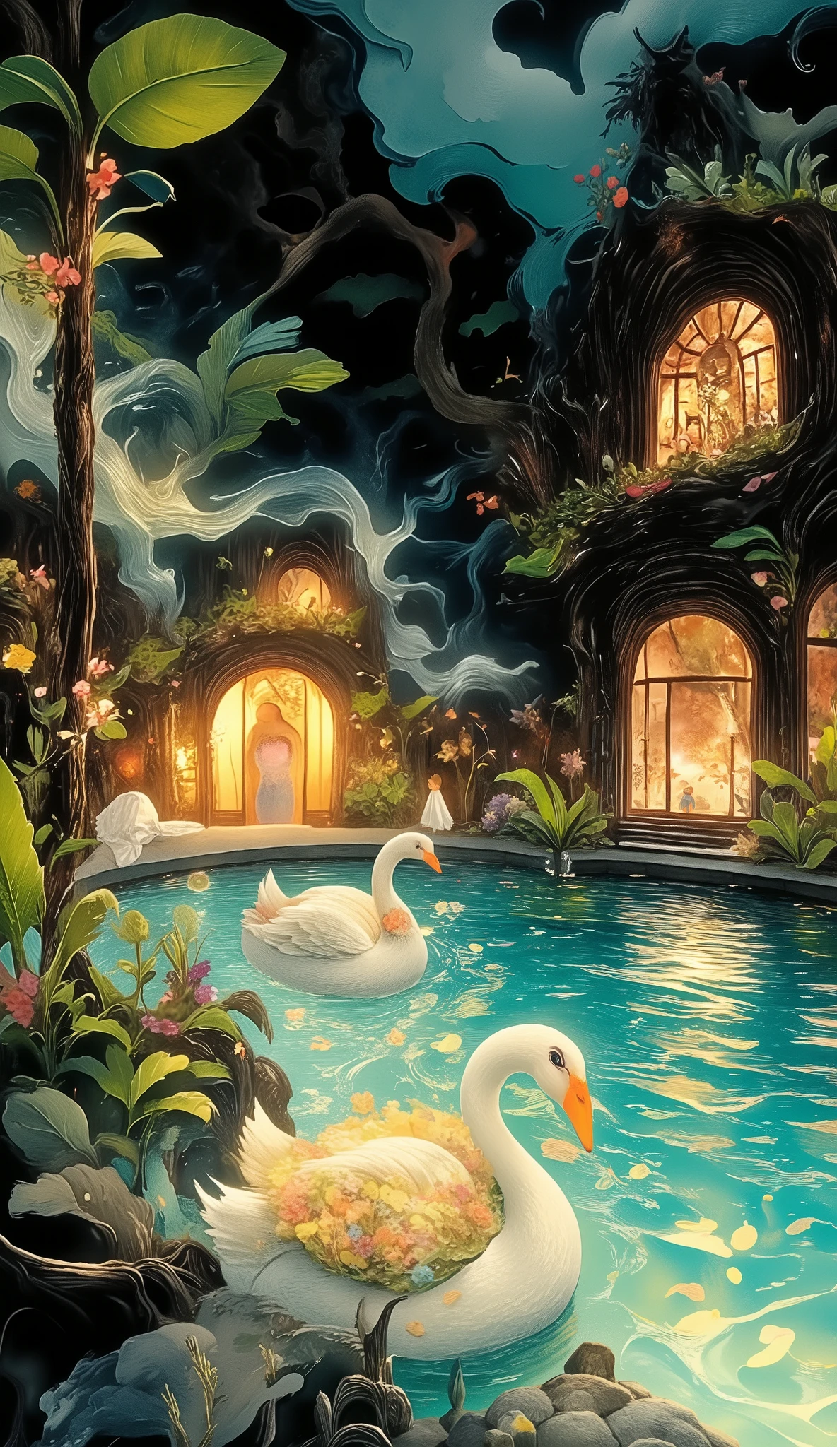  Poolside glare , swan-shaped float without people in the pool:1.5, In the background there are people out of focus  , it's dusk ,  in the foreground of the pool and the water  ,  the sunlight reflecting off the water ,  lush tropical plants  , palm trees in the background, (  the best quality, has, obra maestra: 1.2),  ultra detailed, (  Realistic, photo  Realistic: 1.37), HDR-10,  Studio Lighting ,  vibrant colors,  dramatic lighting  , sereno, soothing, photo  Realistic, (  the best quality photo,4k,8K, has,obra maestra:1.2),  ultra detailed,  sharp focus,(  Realistic,photo  Realistic,photo-  Realistic:1.37),  very detailed face, extremely detailed facial features ,hyper  Realistic skin texture,  extremely fine details  ,detalles intrincados,  detailed eyes  , Detailed nose ,  detailed lips  ,  Detailed facial expressions  ,Intricate facial anatomy,  intense lighting,  dramatic lighting  , changing lighting,  cinematic lighting  ,  chiaroscuro lighting  ,  dramatic shadows  ,dramatic moments,  vivid colors ,intense colors,Deep contrast, cinematic depth of field ,  cinematographic composition  , angular movie camera 