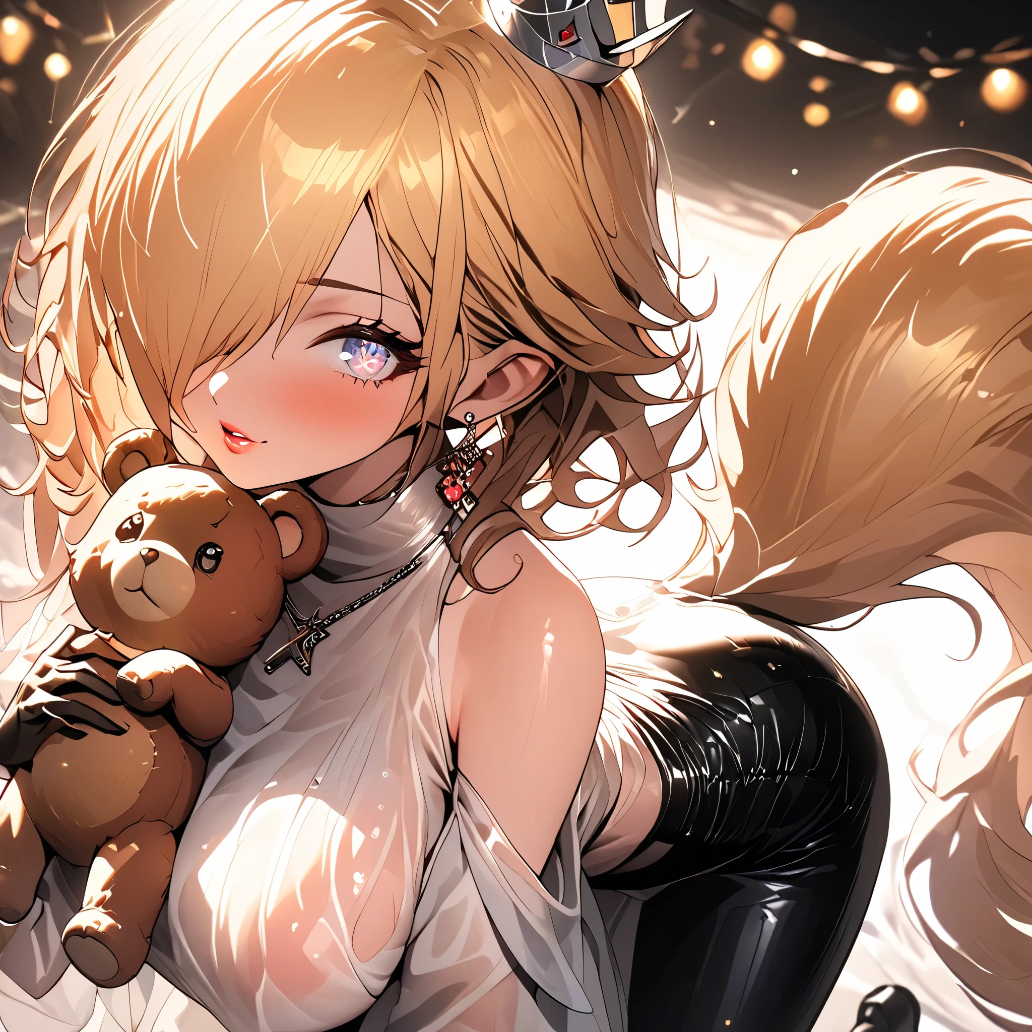 (beautiful girl:1.3),1girl,masterpiece,Highest quality,Ultra-high resolution,rich contrast,super high quality,8k,Highly detailed CG unit wallpaper,texture,Incredibly absurd,Ultra-high resolution,Highest quality anime,professional photograph,an extremely delicate and beautiful,RAW Photos,Depth of Field 1.2,ultra-detailed eyes,Glitter Effect,Beautiful glossy lips, 25years old, gorgeous legs, noise perfect, gorgeous ass, gorgeous ass, dynamic pose, skinny jeans, (translucent white blouse), long sleeves, no bra, sensual woman, seductive woman, mature woman, Milf, maternal, shy look, full body, 1girl, hud_crst_prncss_drss, flower buttons, bare shoulders, crown, daisy earrings, reddish brown hair, long reddish brown hair, Setting: A fair with neon lights, She is holding a teddy bear with a red bow and several heart balloons float around her. Her eyes reflect love and sweetness, Outfit: An oversized burgundy sweater with a turtleneck, leather leggings and tall black boots. Accessories: Wool gloves, a scarf in pink tones and a knitted hat with a pompom. Hair and makeup: natural makeup with a little highlighter and raspberry lips. in a cafeteria decorated with garlands of hearts, short shoulder length hair, loose hair,, A large bang covers one of her eyes, her hair is short to her shoulders, her back hair is loose but simulating a single tail, IncrsRsln, hair over one eye, crown,