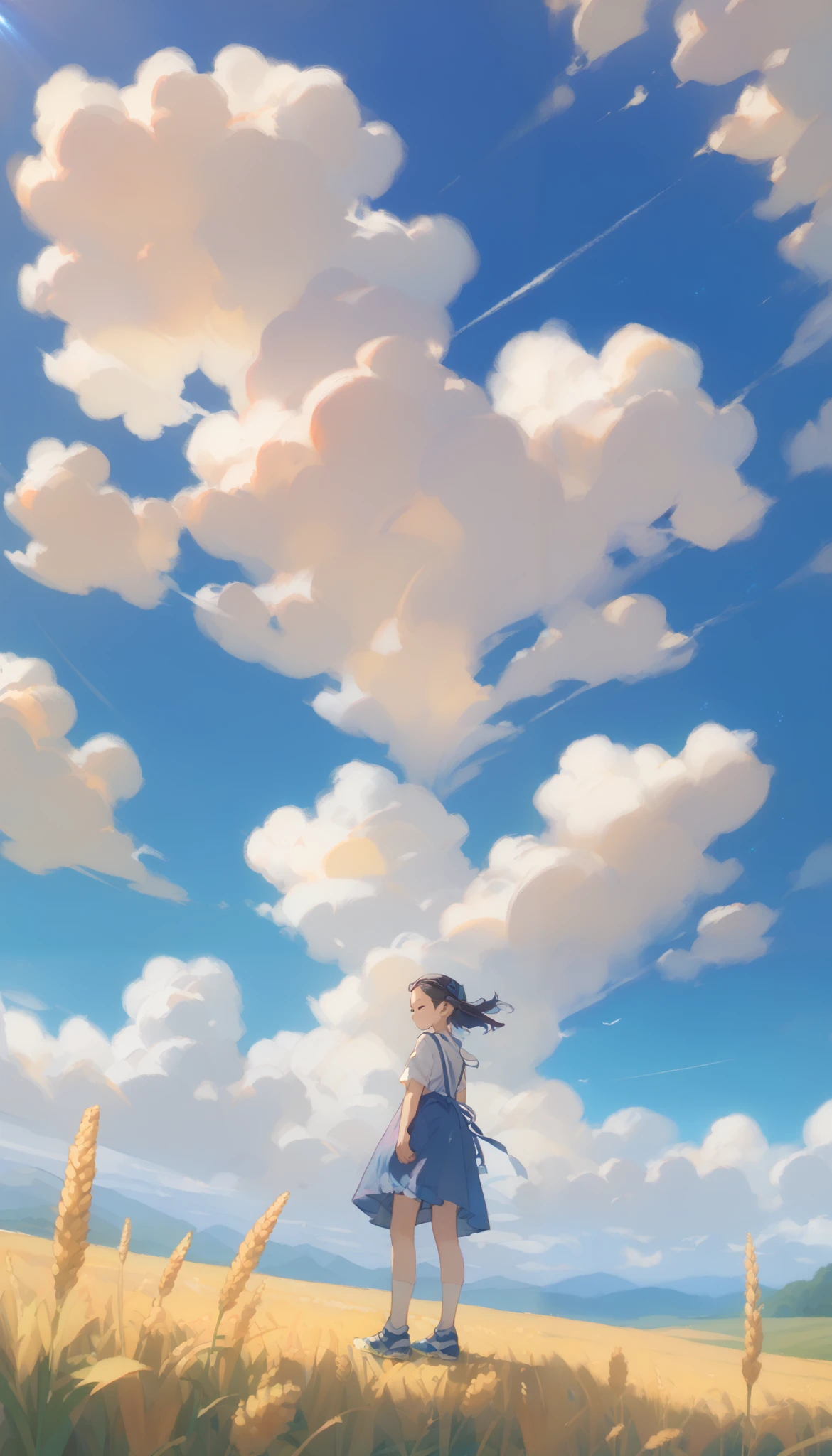 Fresh painting style,Full body angle:1.5,In the wheat field,With a girl,Avoid sunlight, bright sky, on the forehead, Anime Characters, super detailed, Extremely Realistic , Masterpiece,8k,Hyper HD,