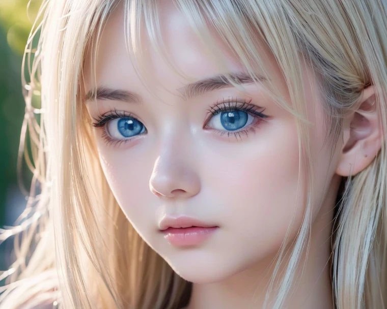 Highest quality、8K masterpiece、Ultra-high resolution、(Realistic:1.3)、RAW Photos、 A beautiful girl with mysteriously shining blonde hair of Nordic descent、Silvery blonde hair、Super long straight hair、Bangs between the eyes、Bangs that fall over the eyes、Bangs over one eye、Bangs between the eyes、Incredibly white, glowing skin、1. Cyberpunk Super Beautiful Soldier、((Ultra-Realistic Details))、Portraiture、Global Illumination、Shadow Realm、Octane Rendering、8k、Ultra Sharp、metals、Cool colors、、Very intricate details、Realistic Light、Trends of the CG Association、Very beautiful big bright blue eyes、Very big eyes、Eyes shining at the camera、Neon Details、Small Face Beauty、Round face、Highlights of cheek luster、eyeliner、Double eyelids